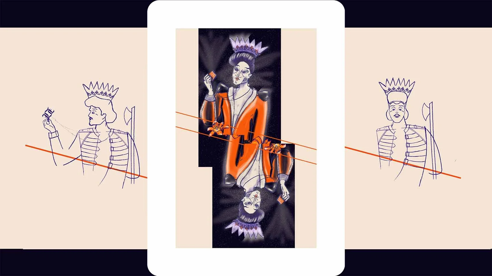Linework of the king character posing with a diamond pendant