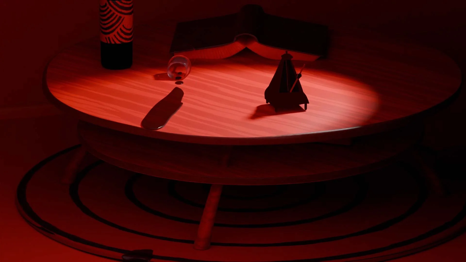 A 3D red monochrome image of a wine bottle, spilled wine glass, upturned book, and metronome on a tablea table