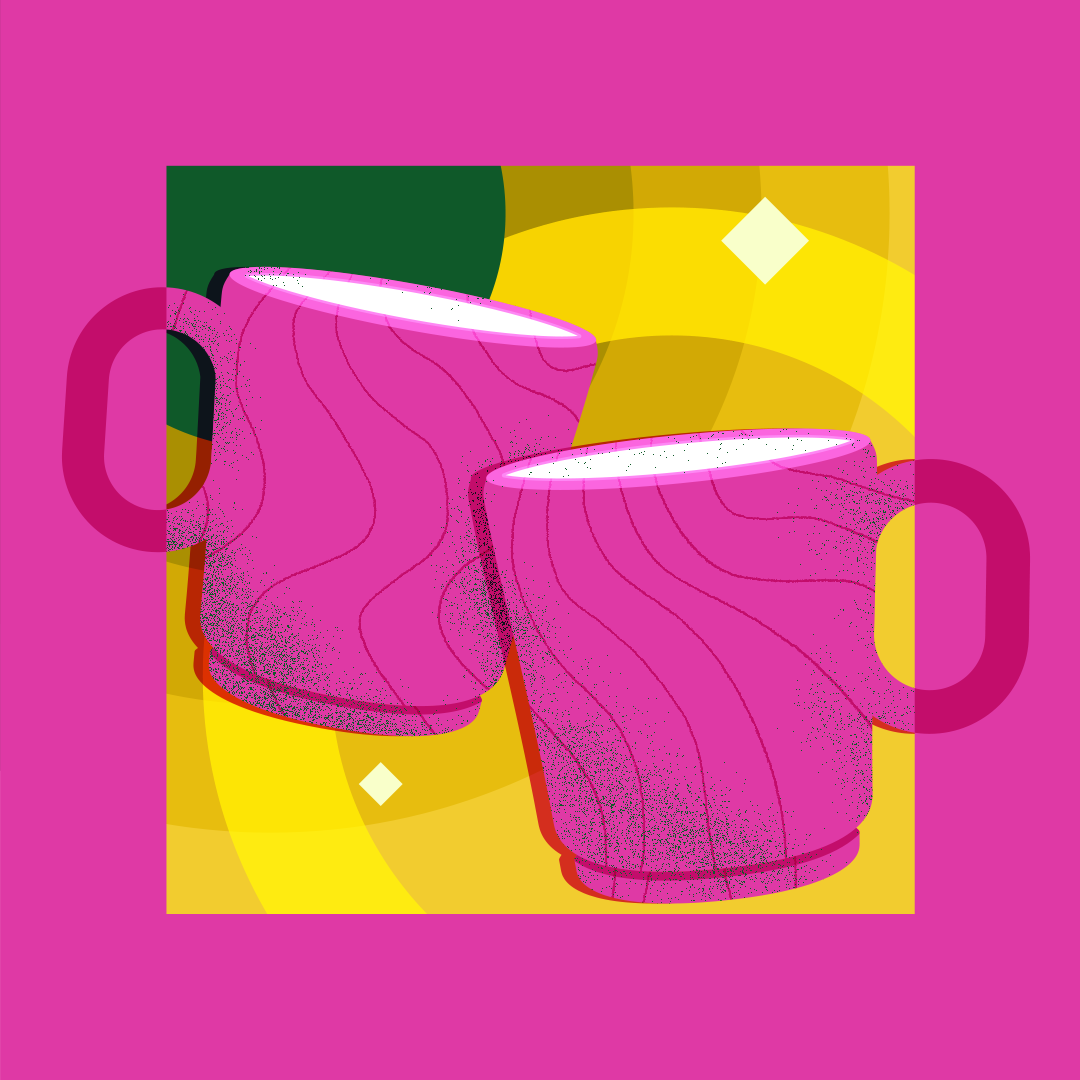 Two pink coffee mugs with wavy lines designs on a yellow background