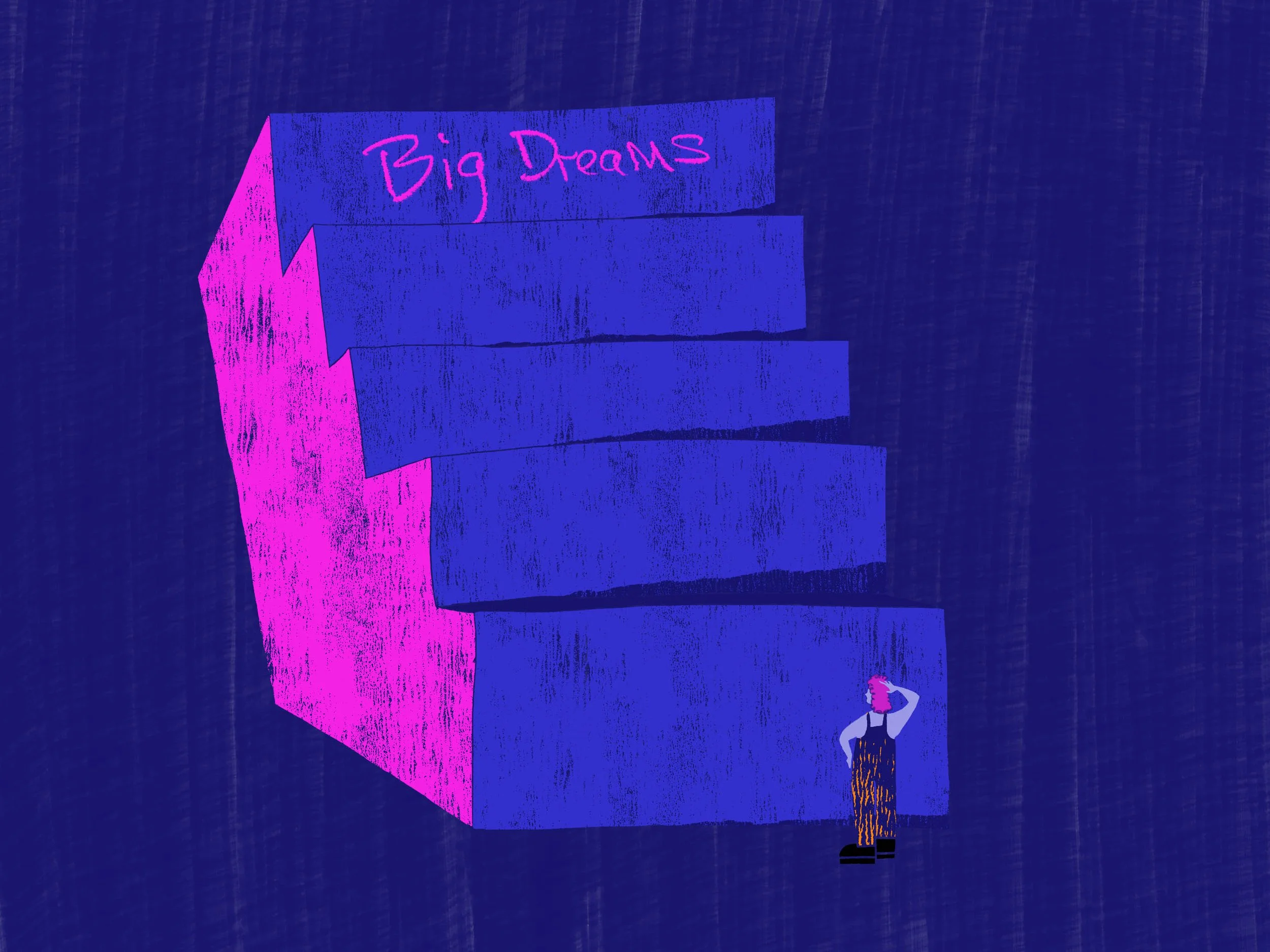 A person with pink hair and wearing black overalls standing at the base of a tall, pink and purple geometric stairs with the words Big Dreams. The background is dark blue.