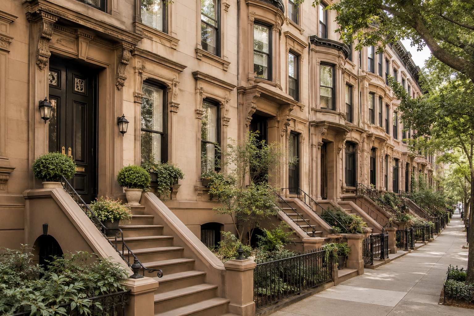 Row of historic brownstone townhouses with steps leading to dark doors, decorated with potted plants and black wrought iron fences, on a tree-lined street.