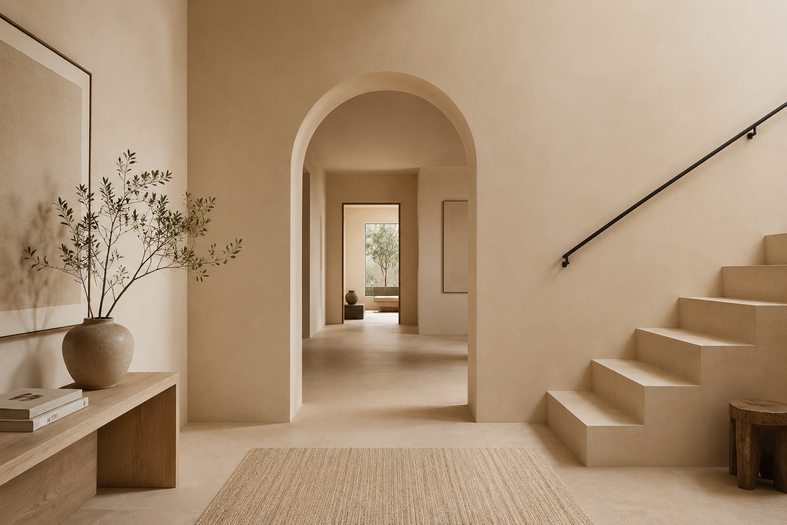 Minimalist beige entryway with staircase, art on walls, and natural decor including a potted tree and books.