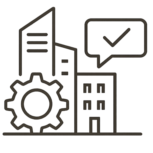 Graphic icon of a gear, computer monitor, and a speech bubble with a check mark.