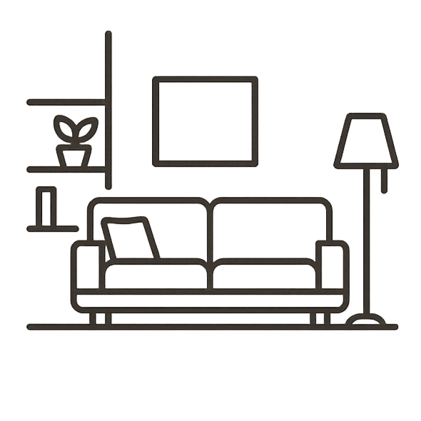 Modern living room with black and yellow sofa, large wall-mounted TV, red and gray wall accents, plant on a shelf, and floor lamp.