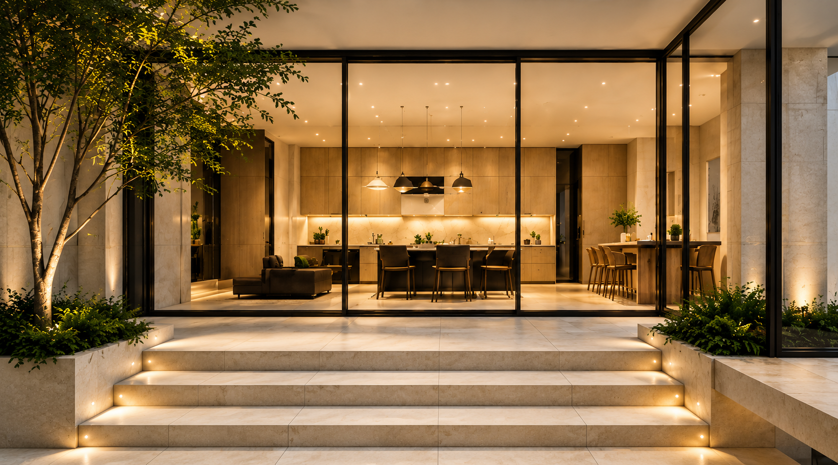 Interior view of a modern kitchen and dining area seen through large glass sliding doors, with warm lighting and minimalistic decor.