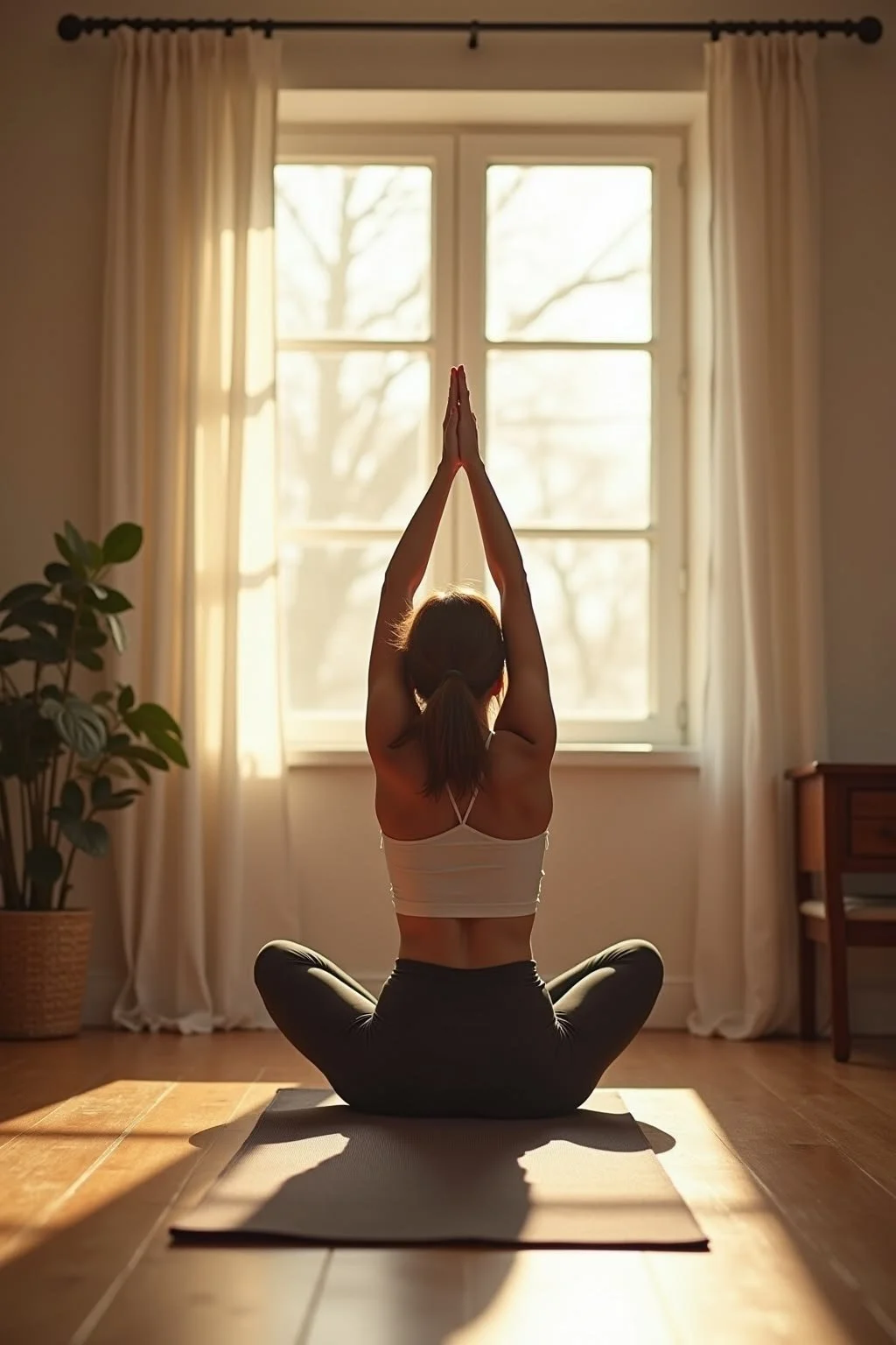 Person seated cross-legged on a yoga mat with arms raised overhead, practicing yoga in a sunlit room.