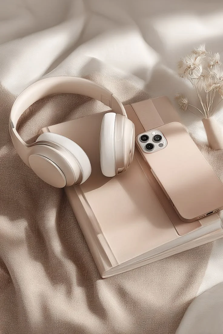 Neutral-toned headphones resting on a notebook beside a smartphone on soft fabric.