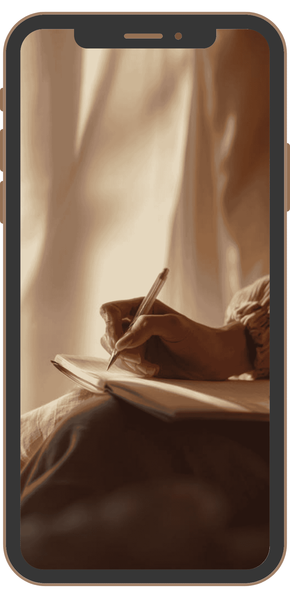 Smartphone displaying a warm-toned image of a person writing in a journal beside a softly lit window.
