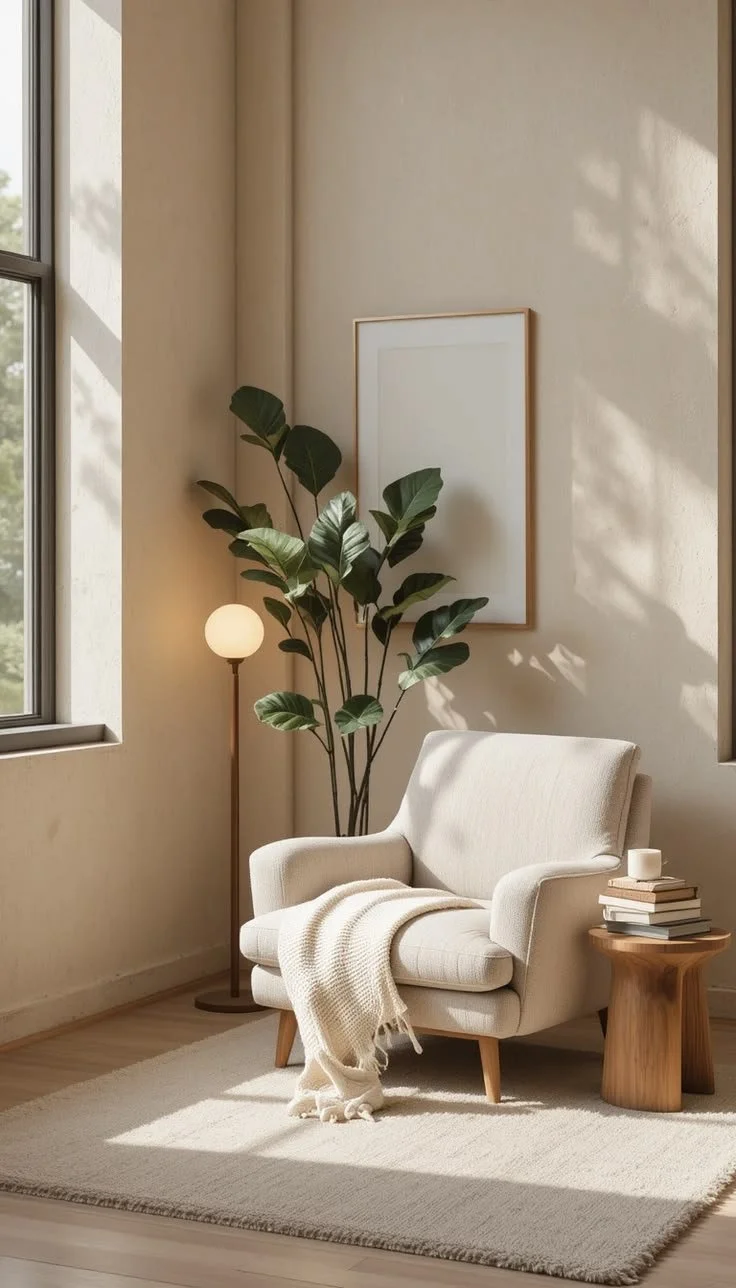 Bright, minimalist reading corner with a cream armchair, floor lamp, leafy plant, and stacked books in soft natural light.