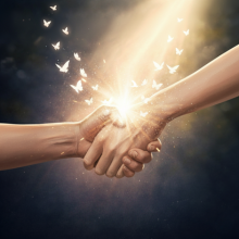 Two hands holding each other with sunlight and butterflies in the background.
