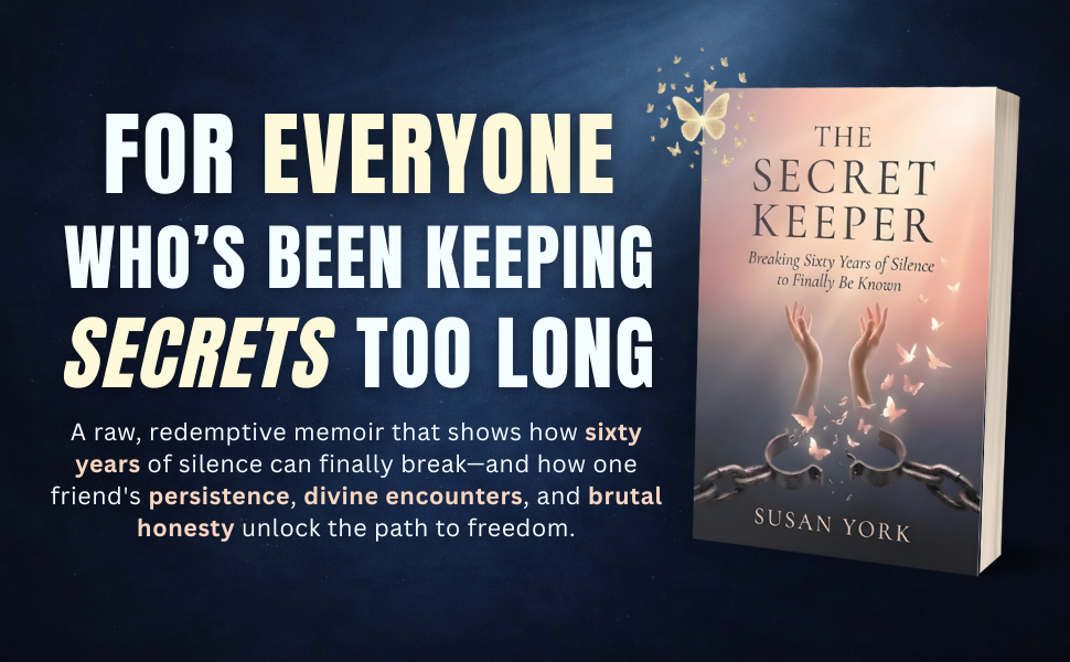 An advertisement for a memoir titled "The Secret Keeper" by Susan York. It features a dark background with large text promoting the book's themes of breaking silence and freedom. The book cover shows a pink gradient with hands emerging from handcuffs, butterflies, and other butterflies flying around.