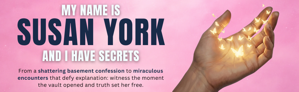 A pink background with bold black and white text introducing Susan York and mentioning secrets, accompanied by an image of a hand with glowing butterflies emerging from it.