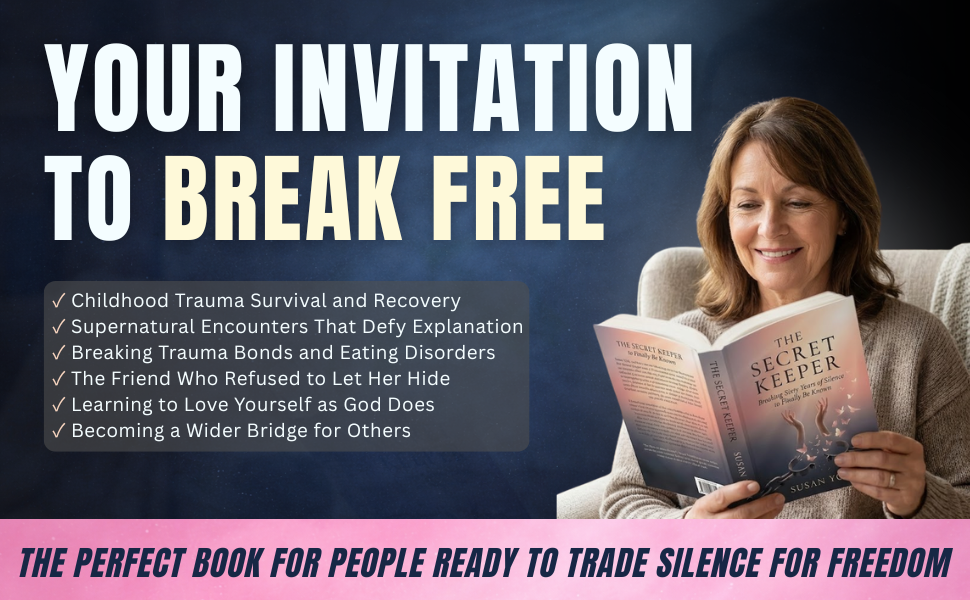 A woman sitting on a chair, reading a book titled "The Secret Keeper" with a dark background, promotional text for a book about healing from trauma and finding peace, with a pink banner at the bottom that reads "The perfect book for people ready to trade silence for freedom."