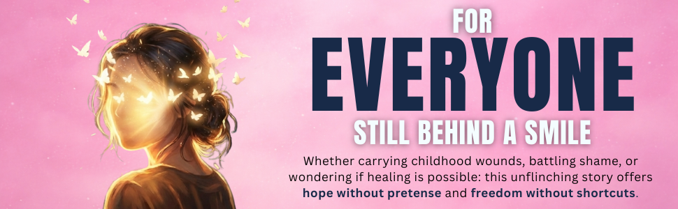 A woman with her eyes closed has butterflies around her head. The background is pink with white butterflies. The text says 'For Everyone Still Behind a Smile' and mentions hope, healing, and freedom.