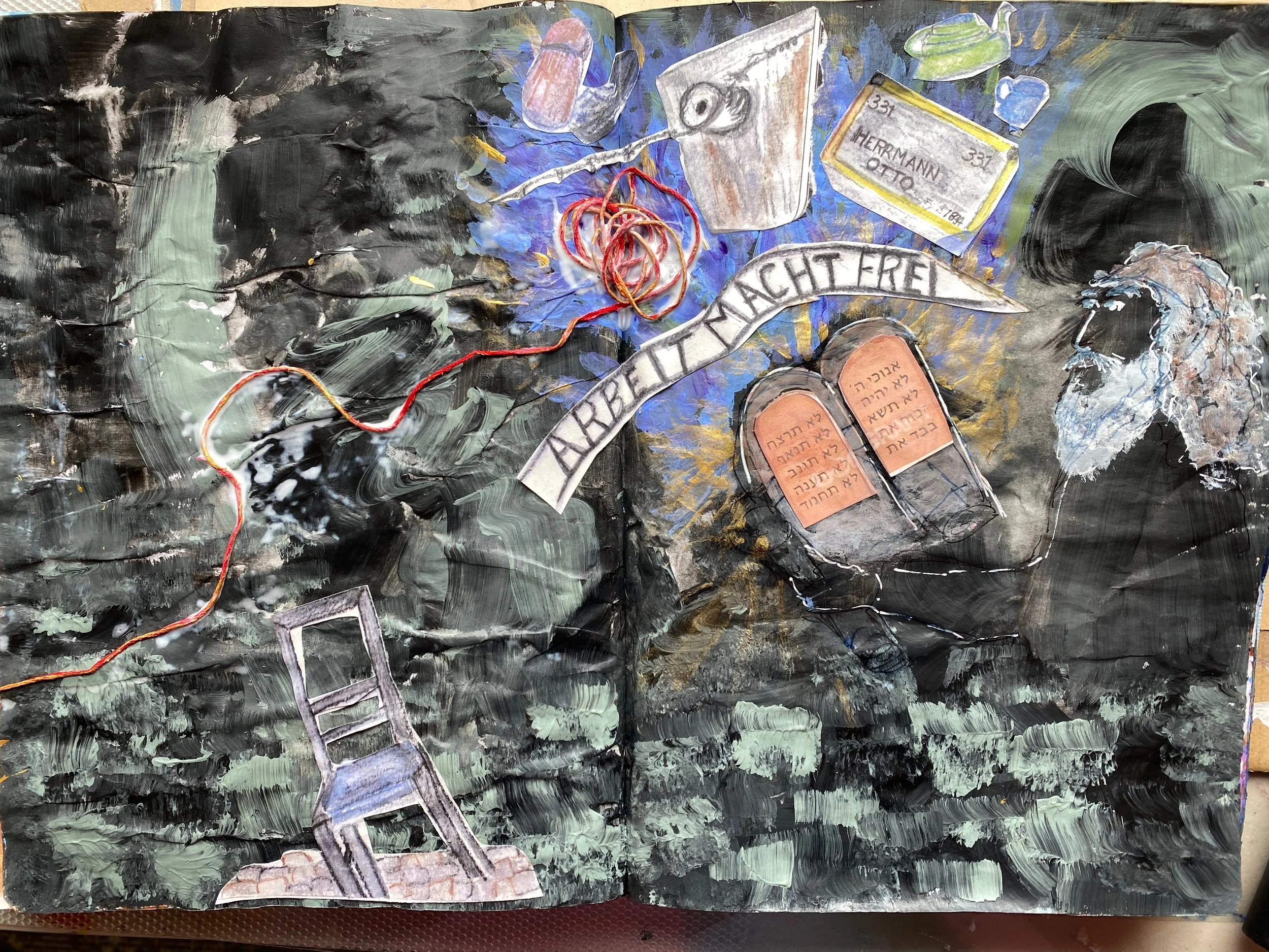Mixed media artwork with sketches of ladders, a cup, a book with Hebrew writing, a blanket, and an artist's palette featuring abstract swirling background with black, green, and gray brushstrokes.