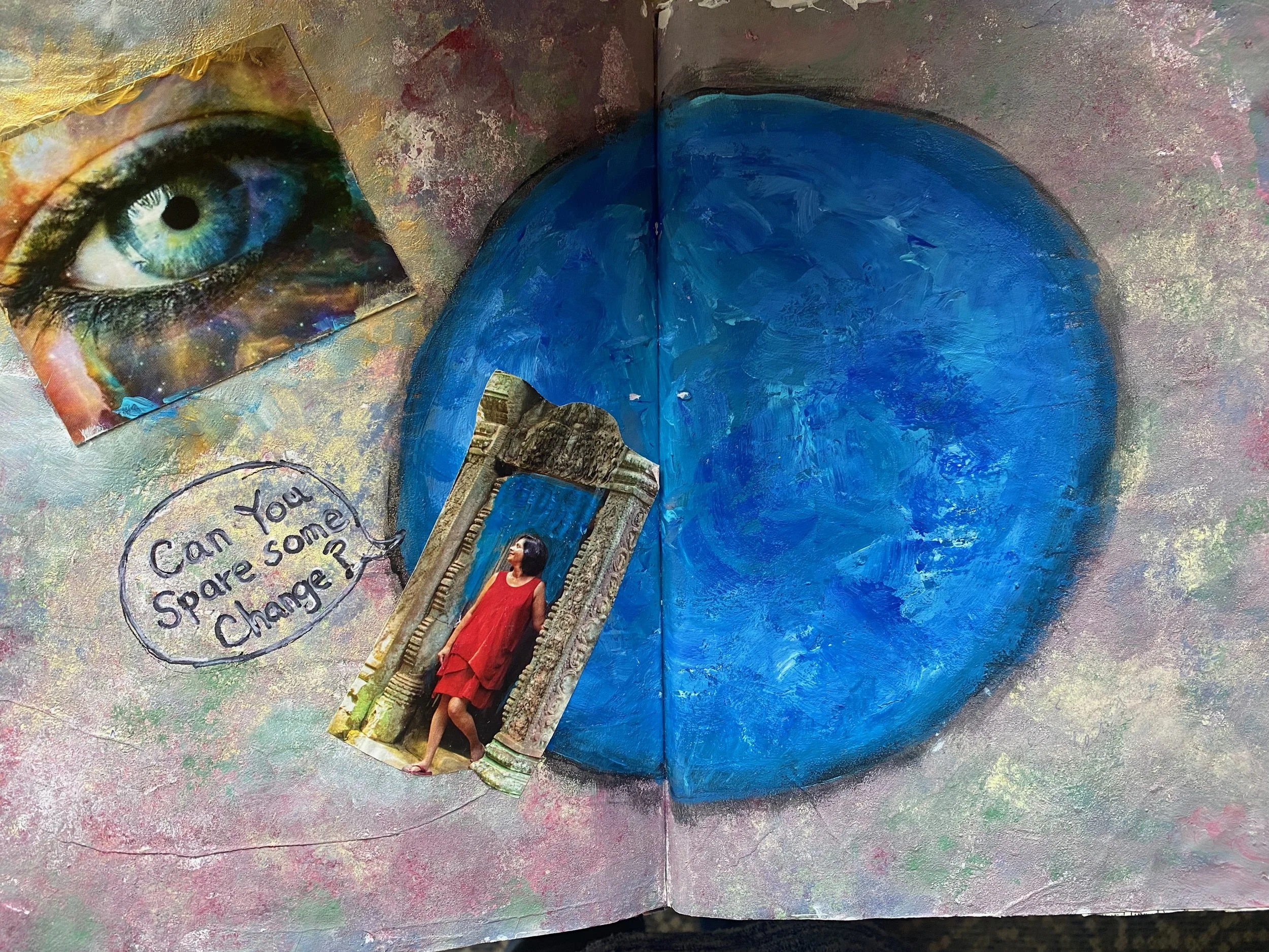 A collage of images and artwork on a colorful, textured wall background. The collage includes a close-up of an eye with galaxy-like colors, a woman in a red dress standing by a stone archway, and a speech bubble with the text 'Can you spare some chan