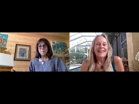 Two women participating in a video call, one in a room with wood-paneled walls and colorful artwork, and the other in a space with a glass ceiling and outdoor view, both smiling.