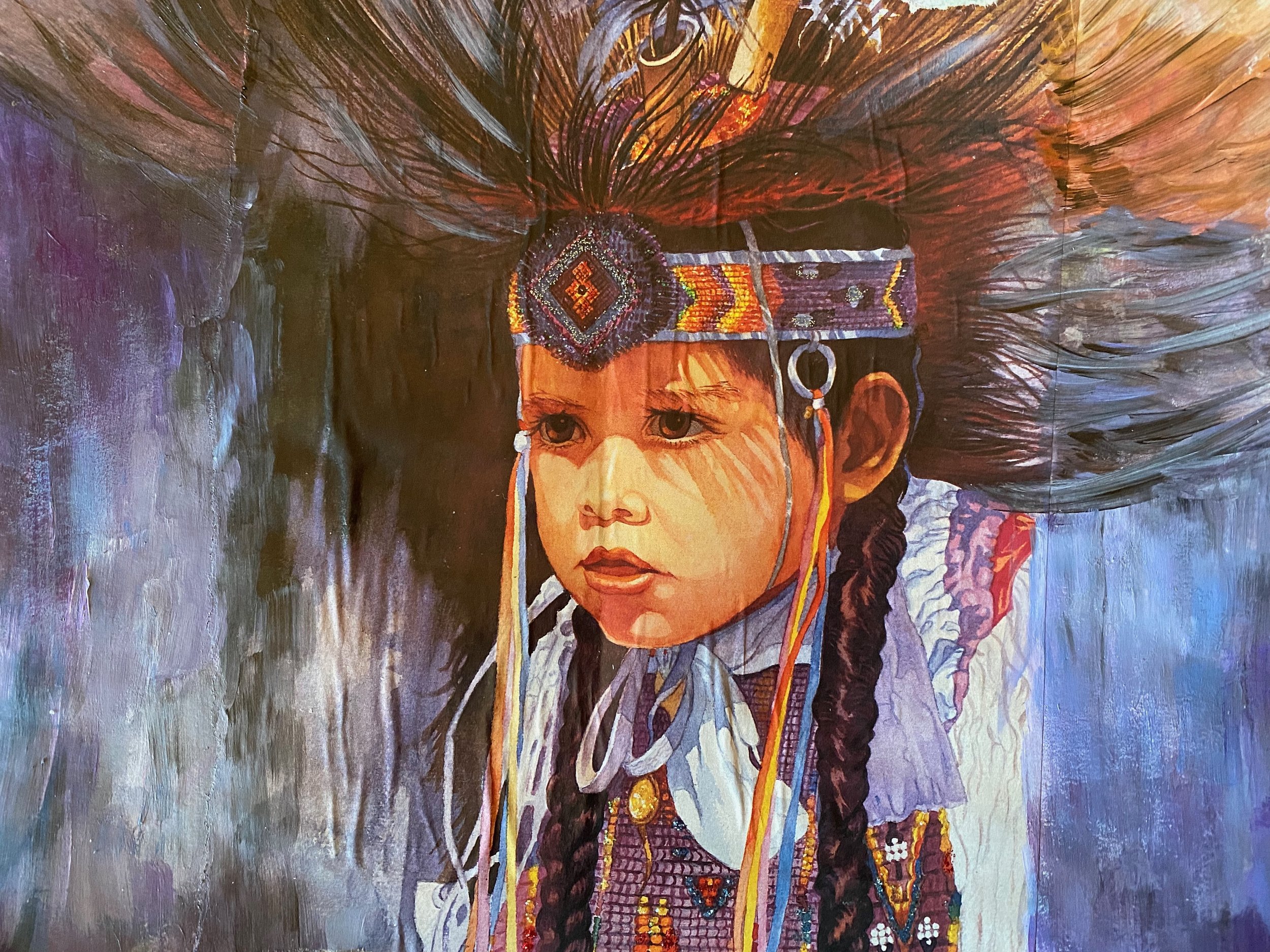A detailed painting of a young indigenous girl wearing traditional attire with beads and jewelry, with a headdress featuring feathers and beadwork, set against a colorful abstract background.