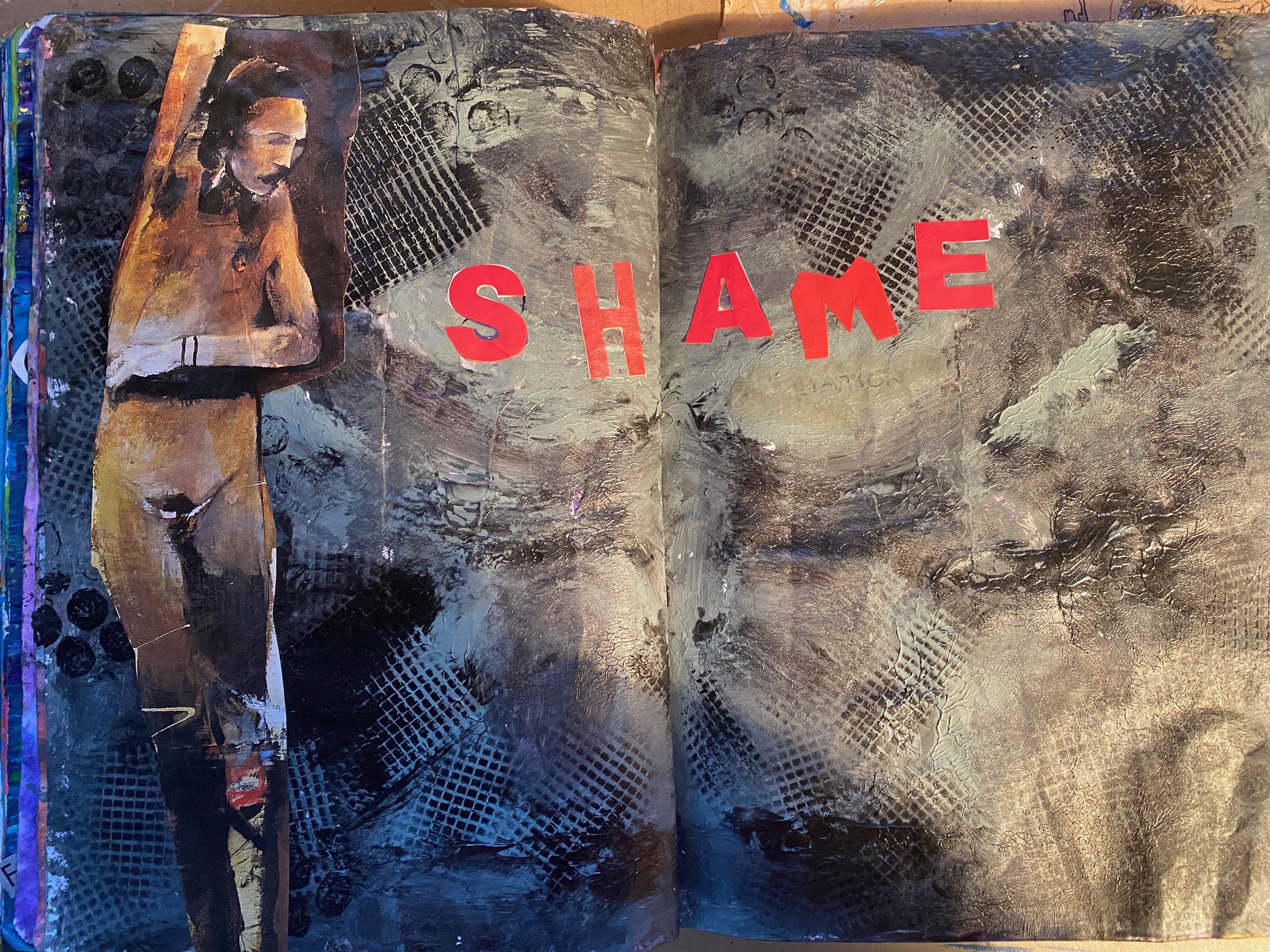 Mixed media artwork featuring a painted portrait of a woman with dark hair and a dark shirt on the left side, set against a textured, abstract background with dark colors, grid patterns, and red cut-out letters spelling "SHAME" across the center.