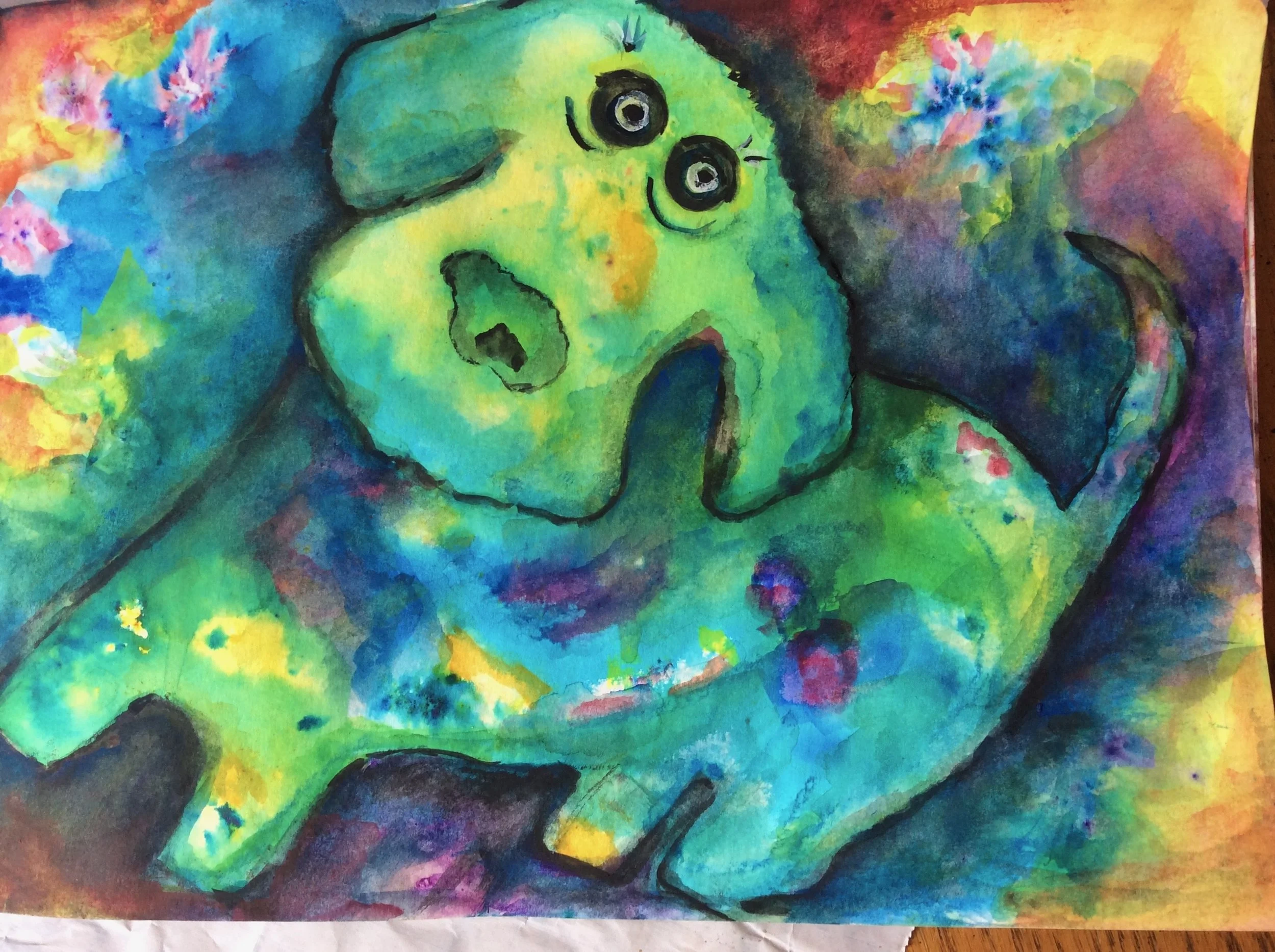 Colorful watercolor painting of a green chameleon with large eyes and a curled tail, surrounded by vibrant splashes of color.