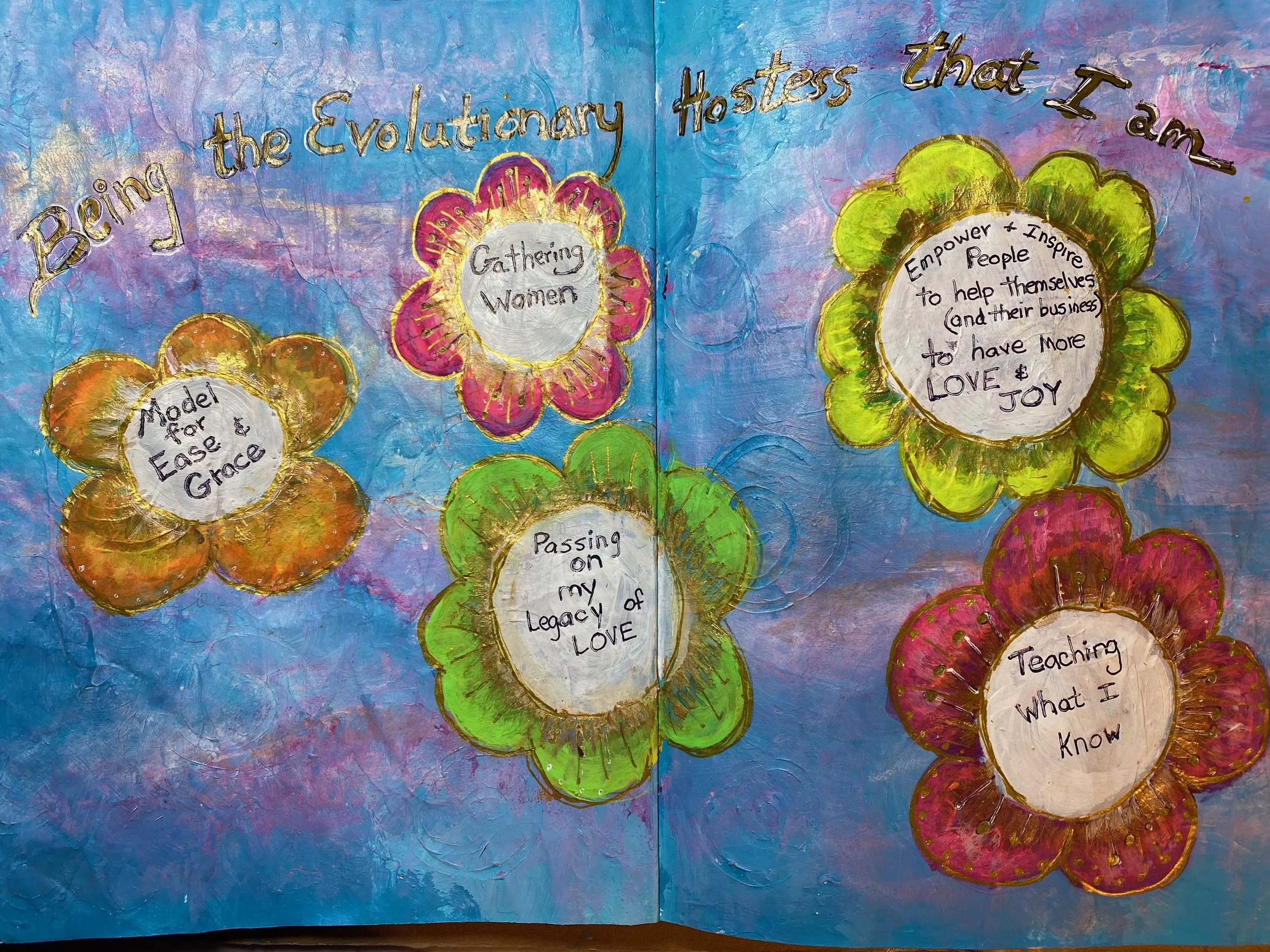 A colorful art piece with flowers and handwritten notes about empowering women, sharing love, joy, and knowledge.