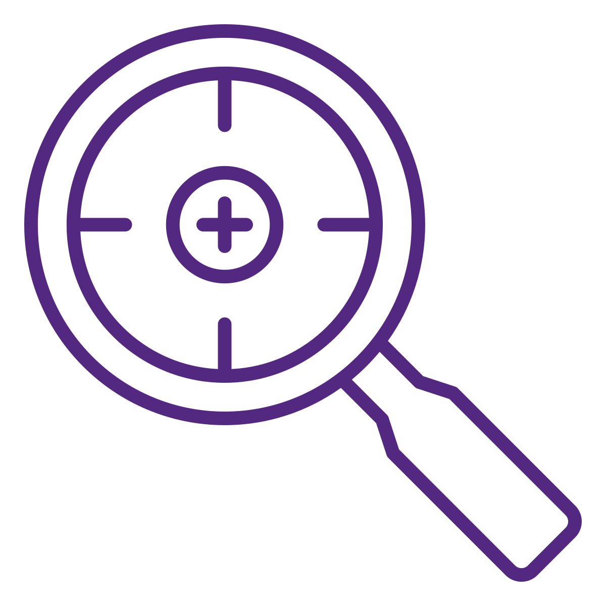 Magnifying glass with a plus sign inside, focusing on a target with crosshairs.