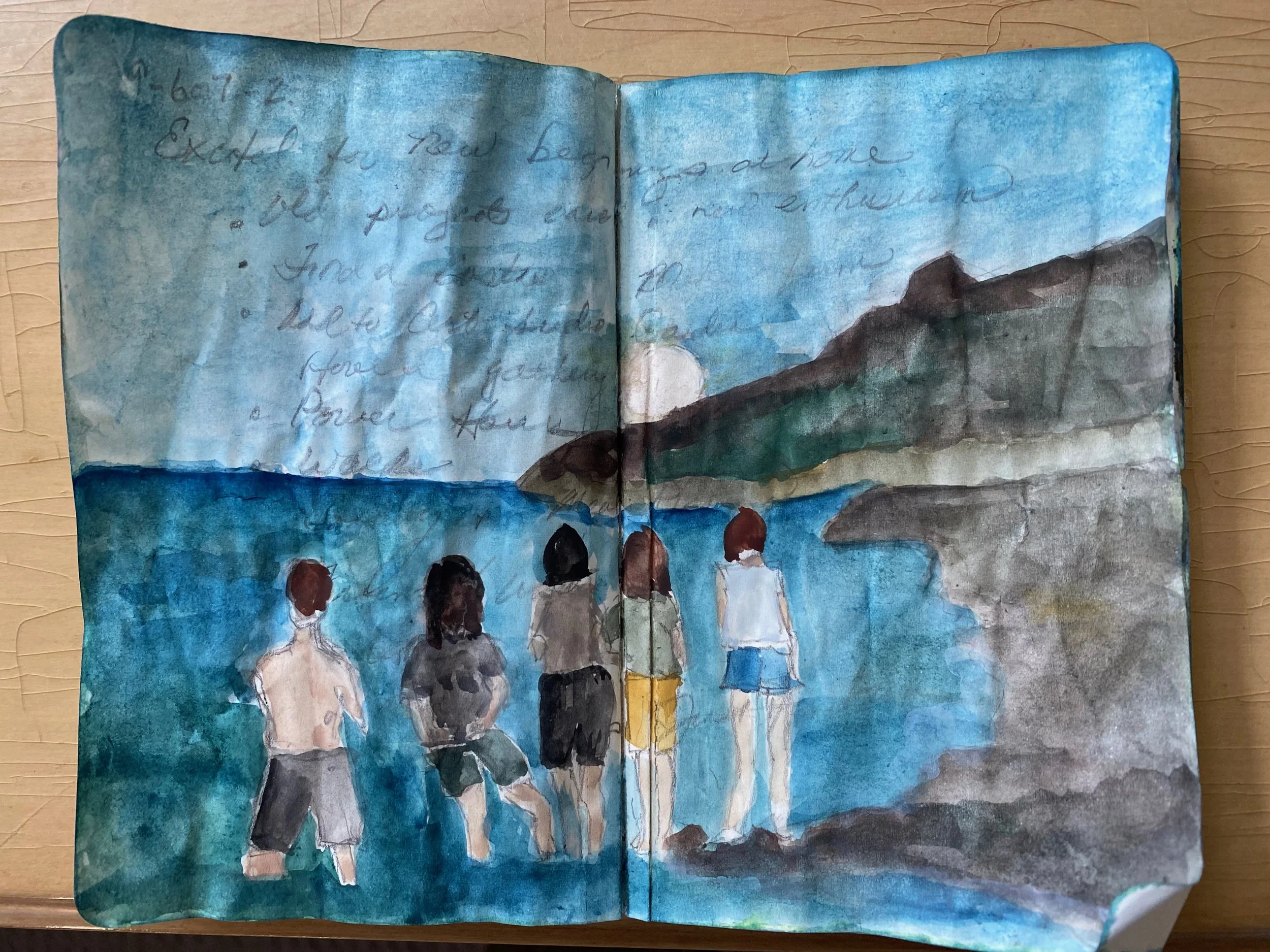 Watercolor painting of a scenic landscape with mountains, blue sky, and four people walking along a path.