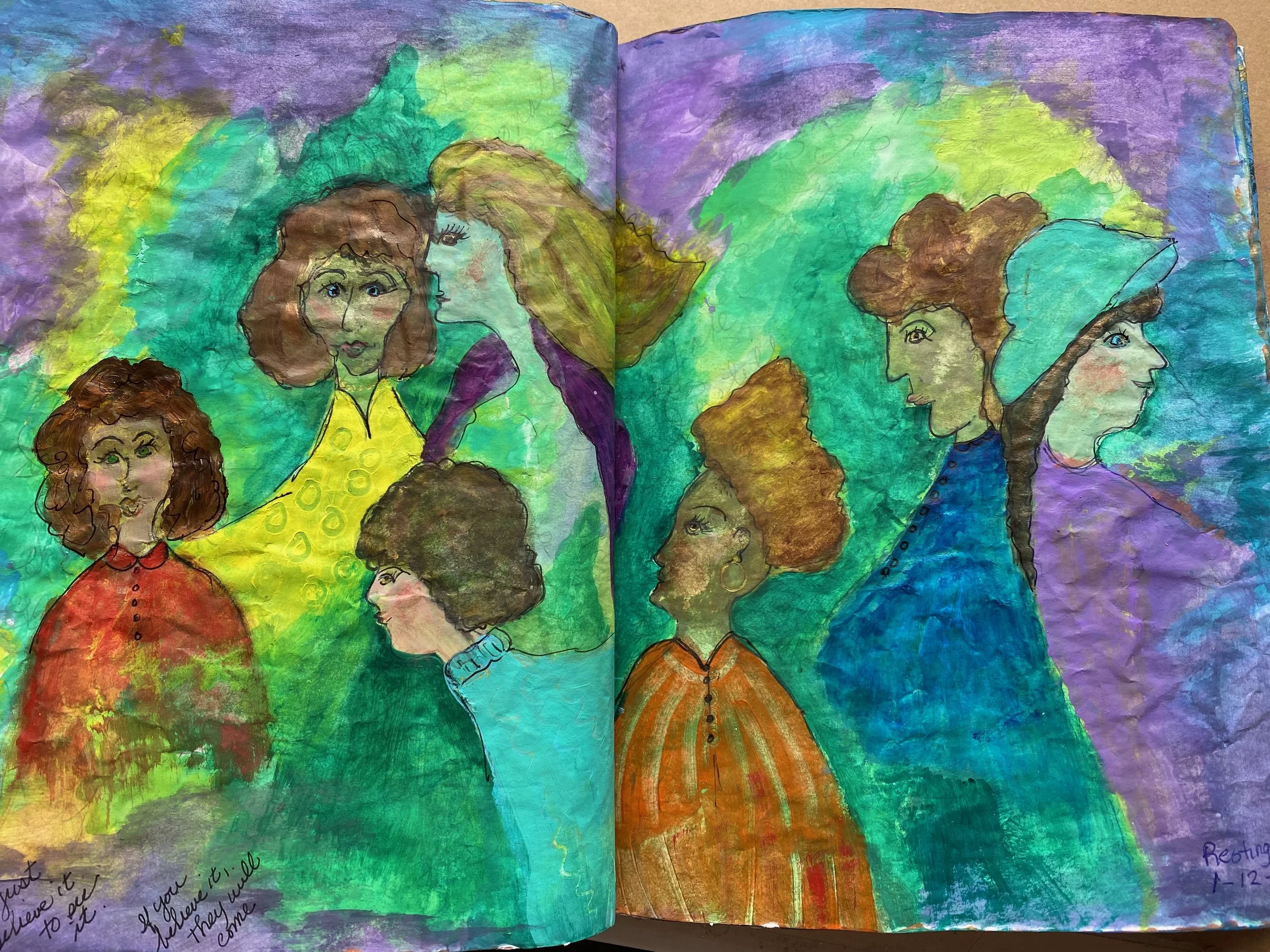 Colorful sketch of women with curly hair and various expressions, set against a vibrant background of purple, green, blue, and yellow, with handwritten notes at the bottom.