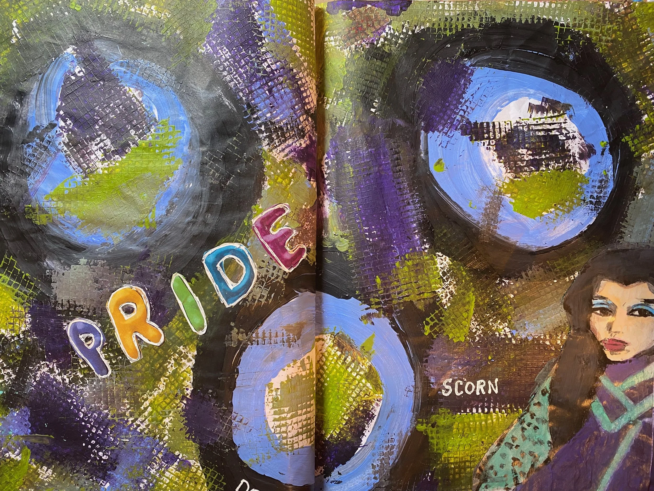 Close-up of an abstract painting with bold black, purple, blue, green, and yellow brushstrokes, featuring grid-like textures and colorful letters spelling "DREAM" and part of "SCORN".