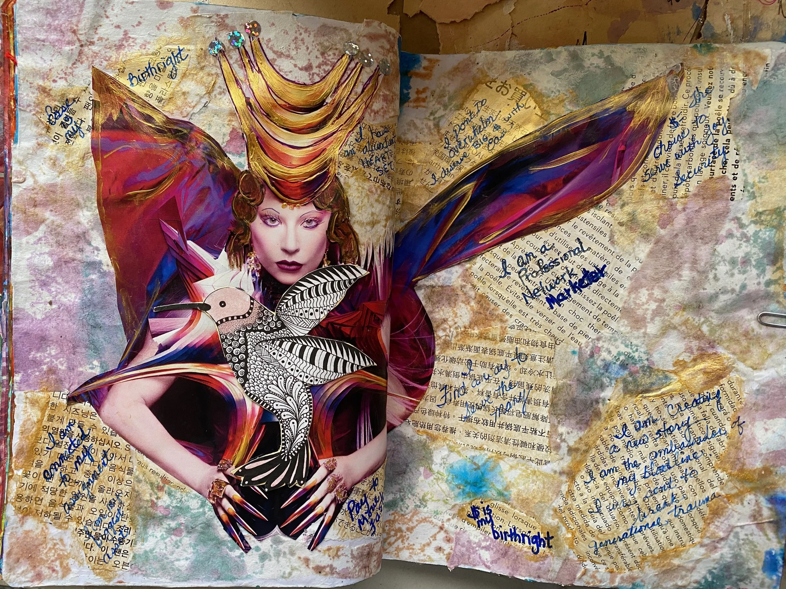 Mixed media collage with a woman in colorful, elaborate attire, accompanied by black and white butterflies, on pages of text in multiple languages with spray paint and handwritten notes.