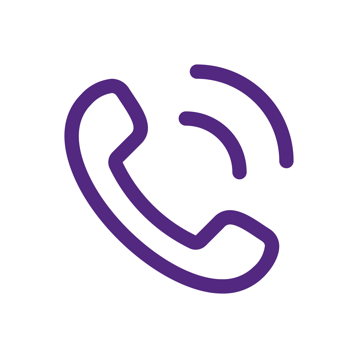 Purple outline of a classic telephone receiver with sound waves emanating from it, indicating calling or phone communication.