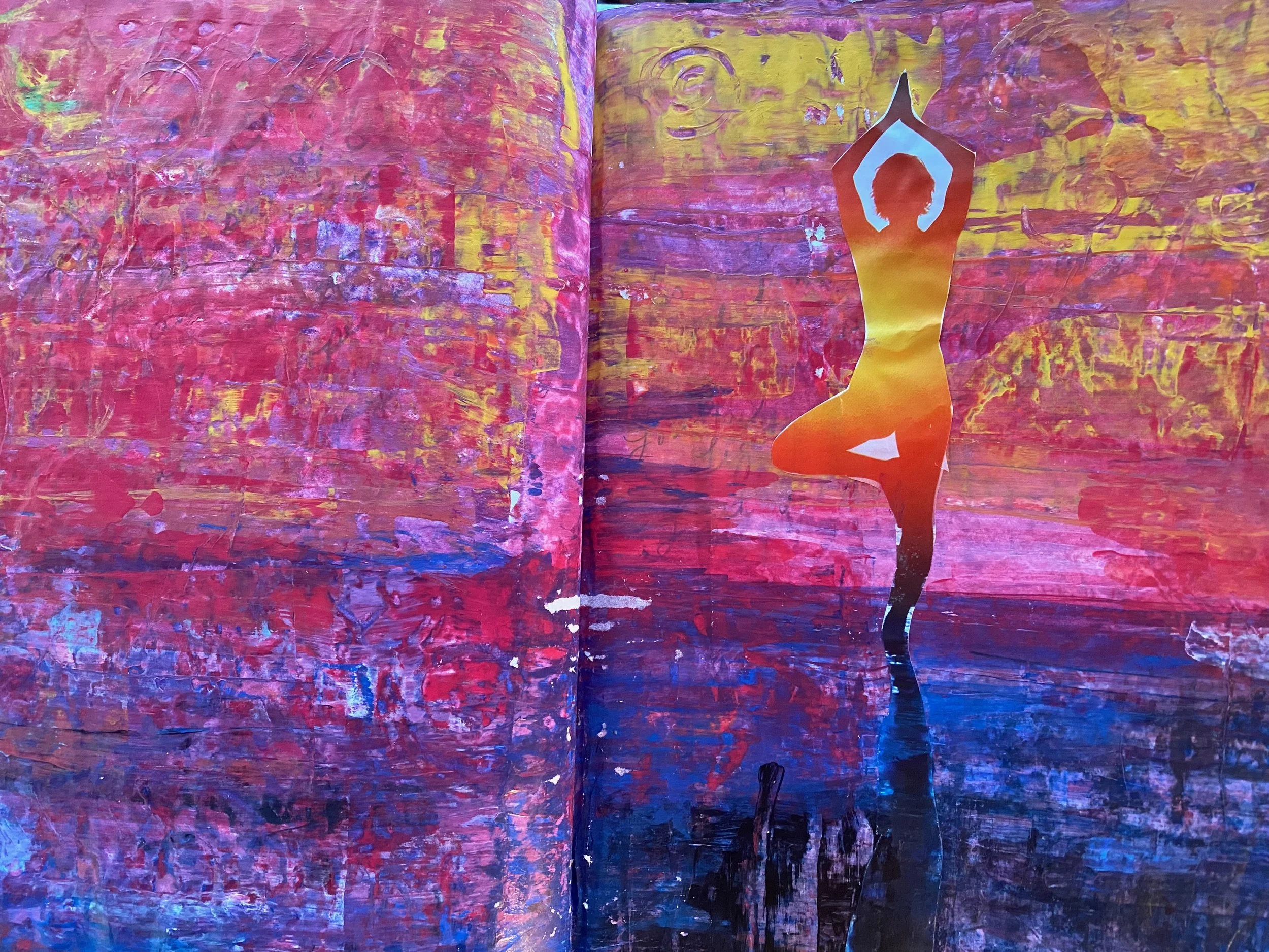 Abstract painting with vibrant pink, purple, yellow, and blue colors, featuring a silhouette of a woman in a yoga pose with arms raised above her head, on a background of textured, colorful brushstrokes.