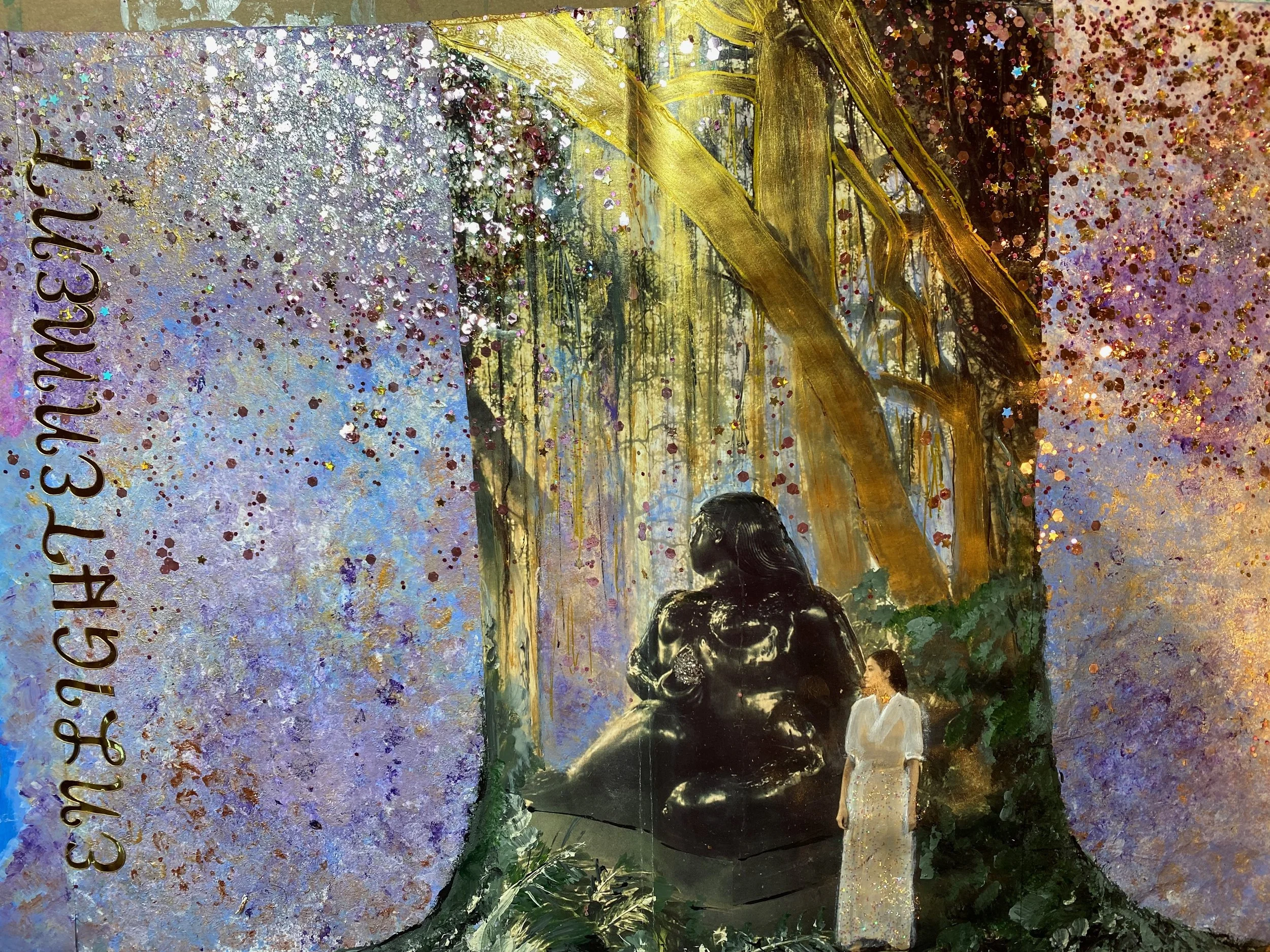 A colorful, glittery painting featuring a forest scene with trees and foliage, with two women standing at the bottom, one in a white dress and the other in a dark outfit, surrounded by sparkling glitter and shiny accents.
