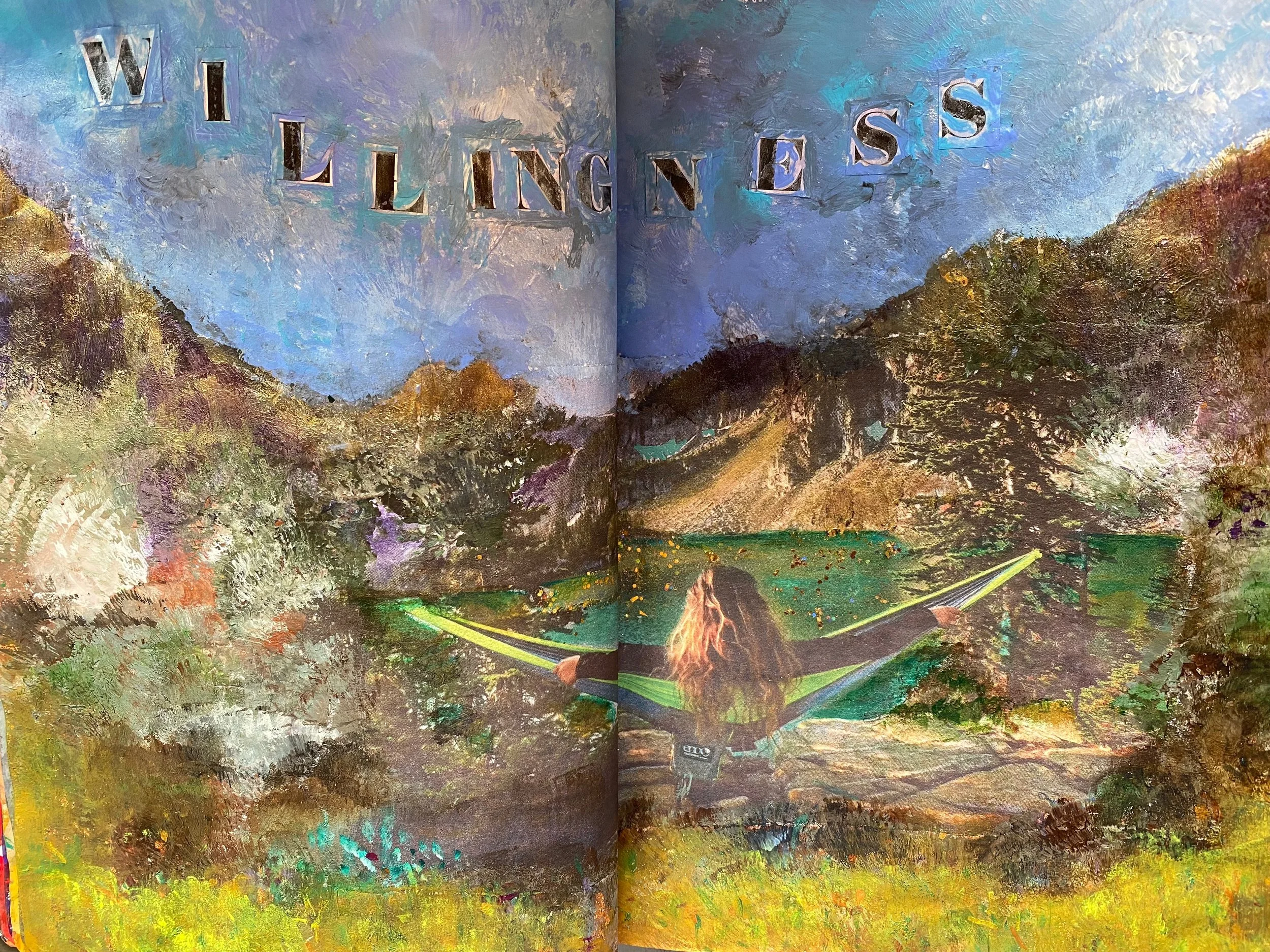 Abstract landscape painting with the words 'WILTINGLESS' in collage letters across the sky.