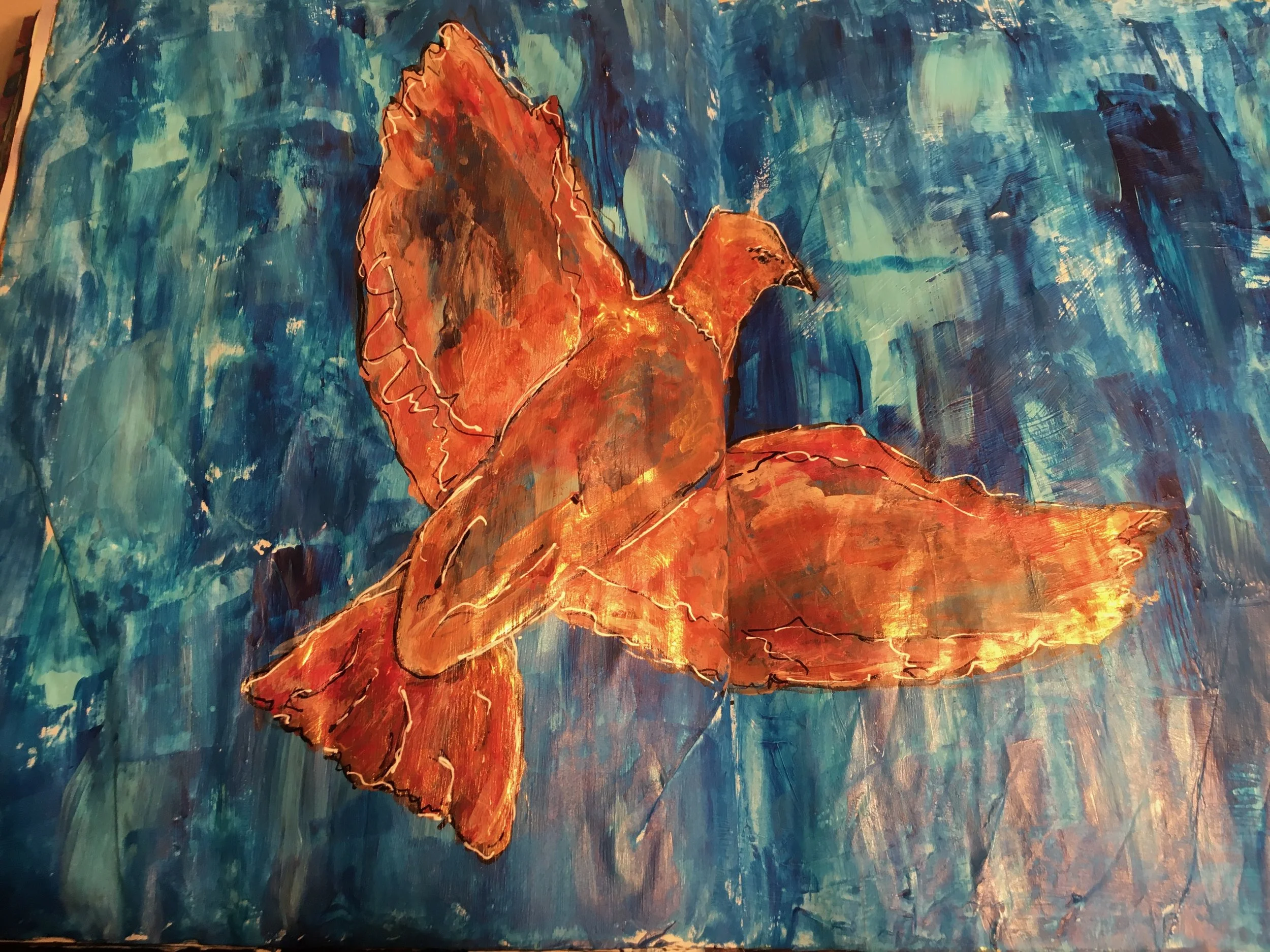 An abstract painting of a large orange and red leaf, set against a blue and green background.