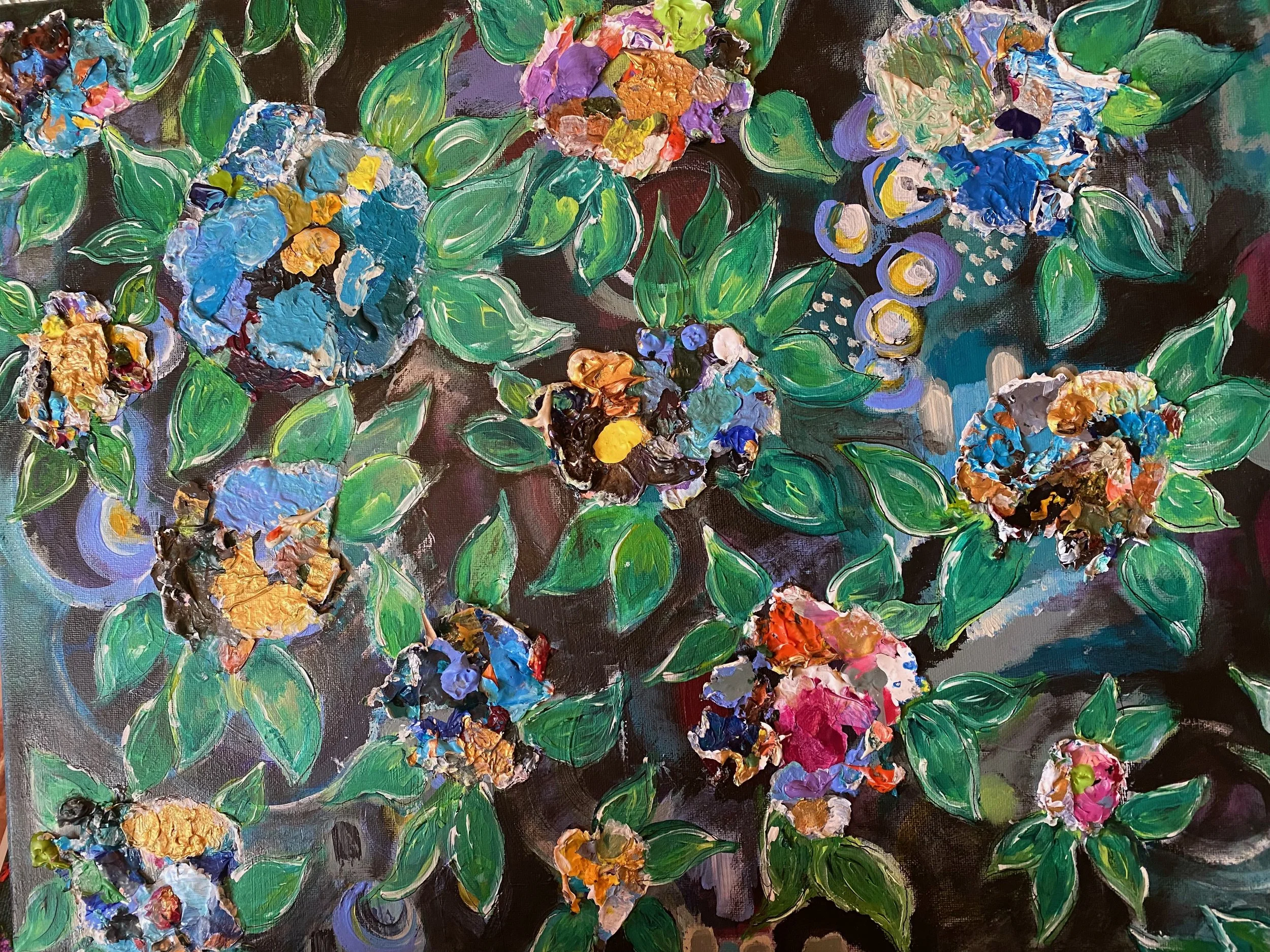 A painting featuring colorful flowers surrounded by green leaves on a dark background, with thick, textured brushstrokes and a vibrant, abstract style.