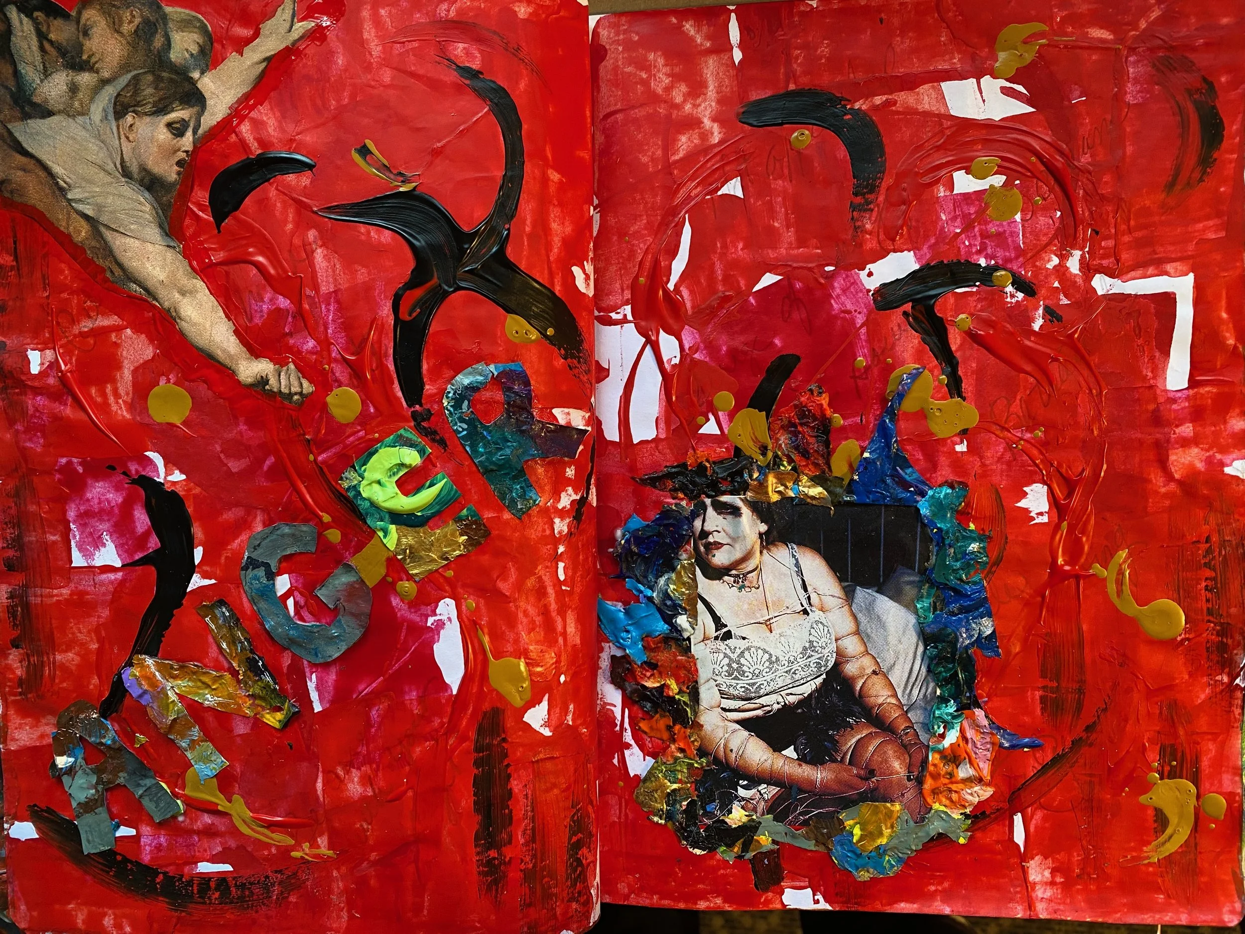 A vibrant abstract mixed media painting with red as the dominant color, featuring black brushstrokes, gold accents, and collaged images including a woman's portrait and stylized text.