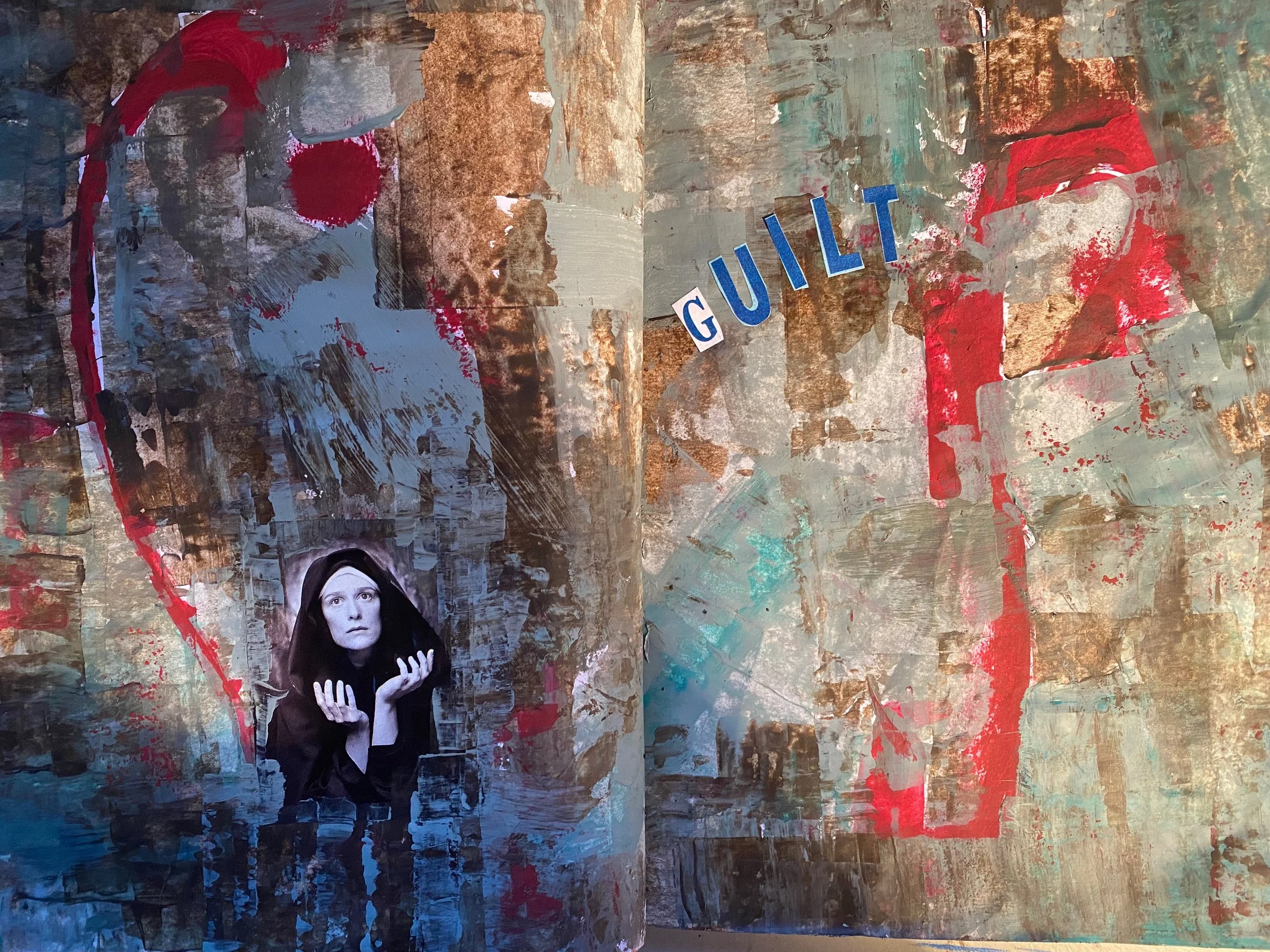 An abstract painting with a collage of colors including browns, reds, and blues, featuring a black and white cutout of a woman with long dark hair, gazing forward, holding her hands near her face.