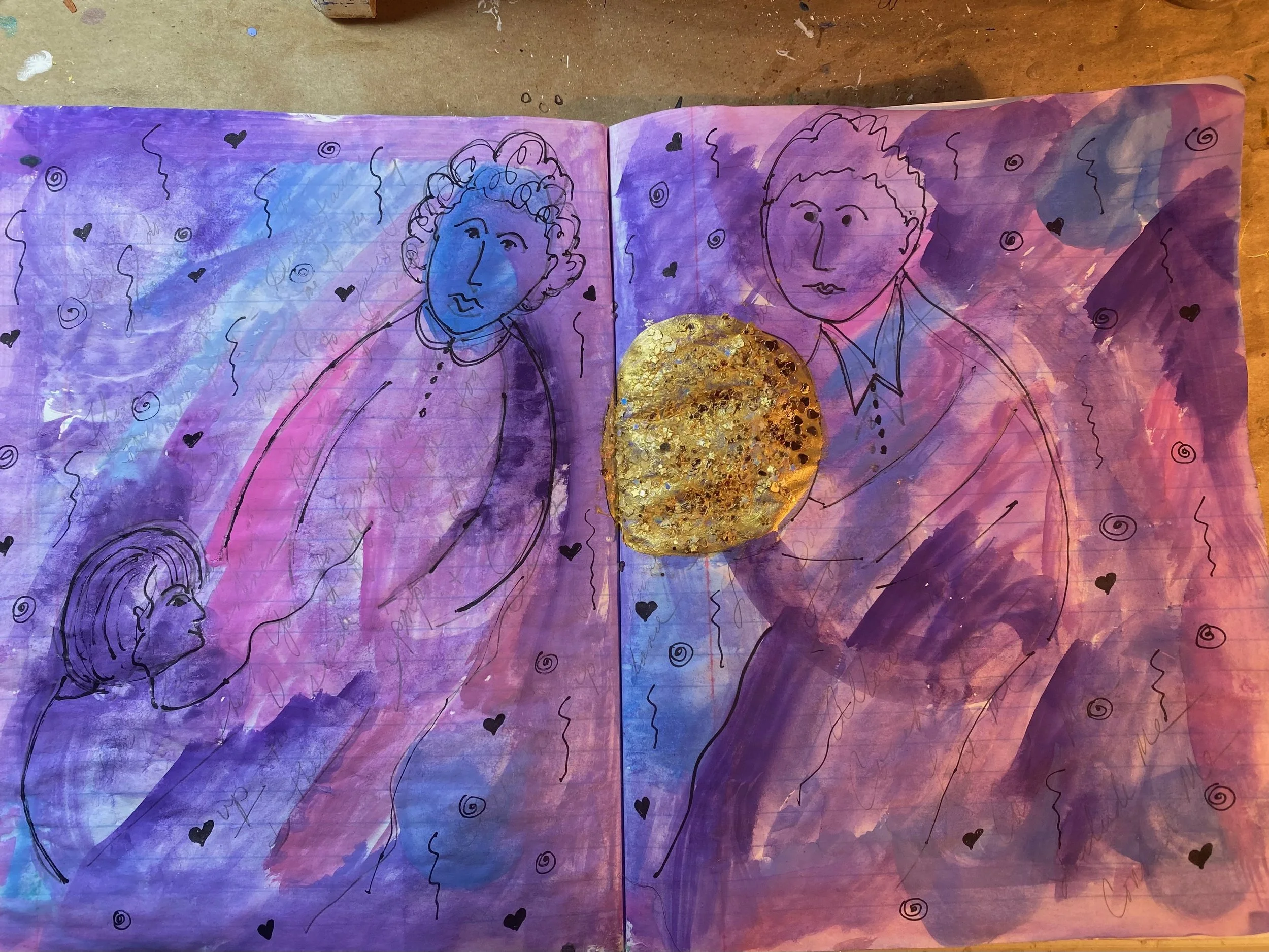 Page of a colorful art journal with watercolor backgrounds in purple, pink, and blue, featuring black line drawings of people, a gold textured circle, and small black hearts and spirals scattered throughout.