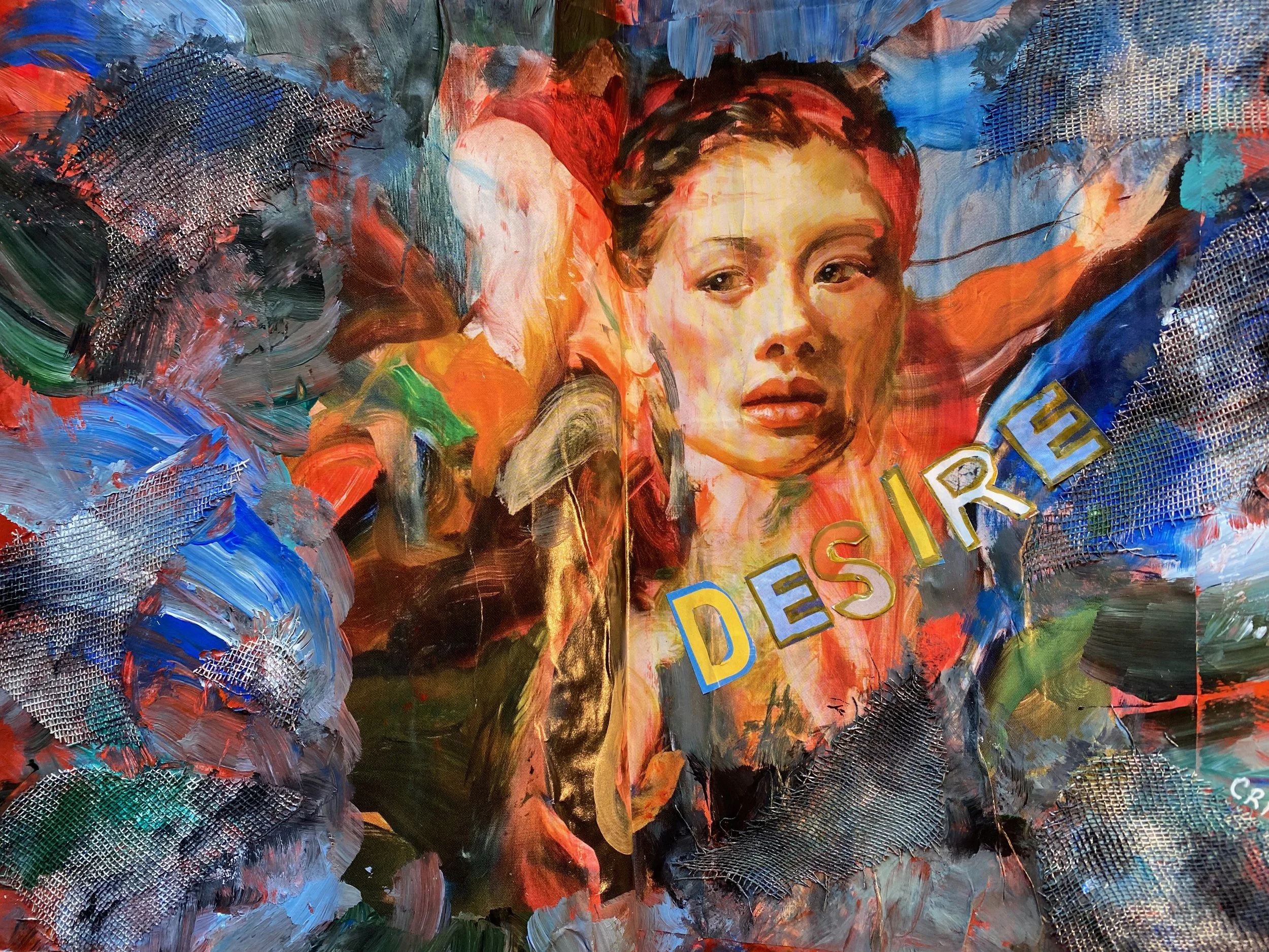 A colorful abstract painting of a woman's face with the words "RESIST" and other letters faintly visible in the background.