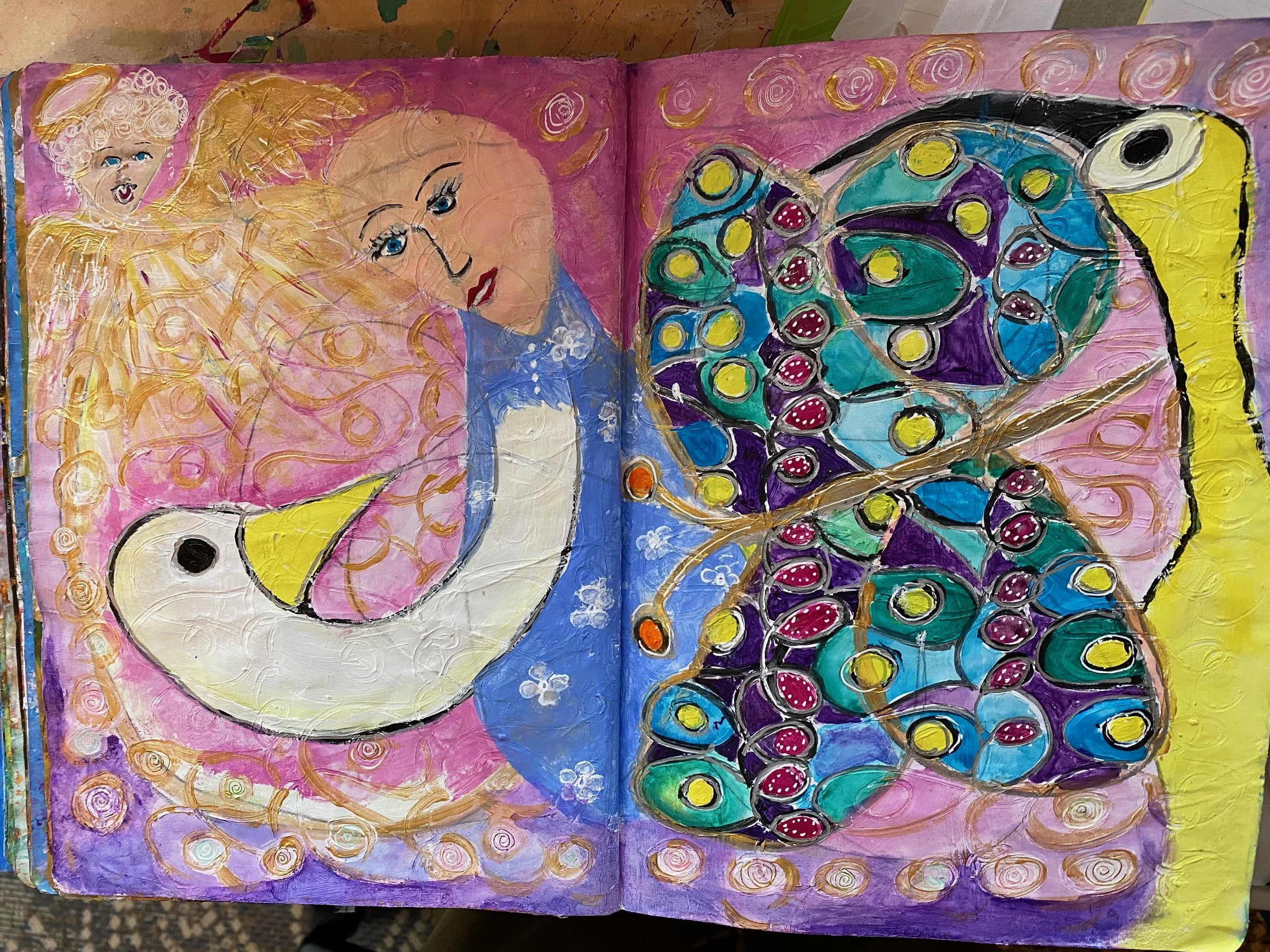 Colorful abstract painting featuring a face with blue eyes on the left and a peacock with vibrant feathers on the right, set against a pink background with swirling patterns.