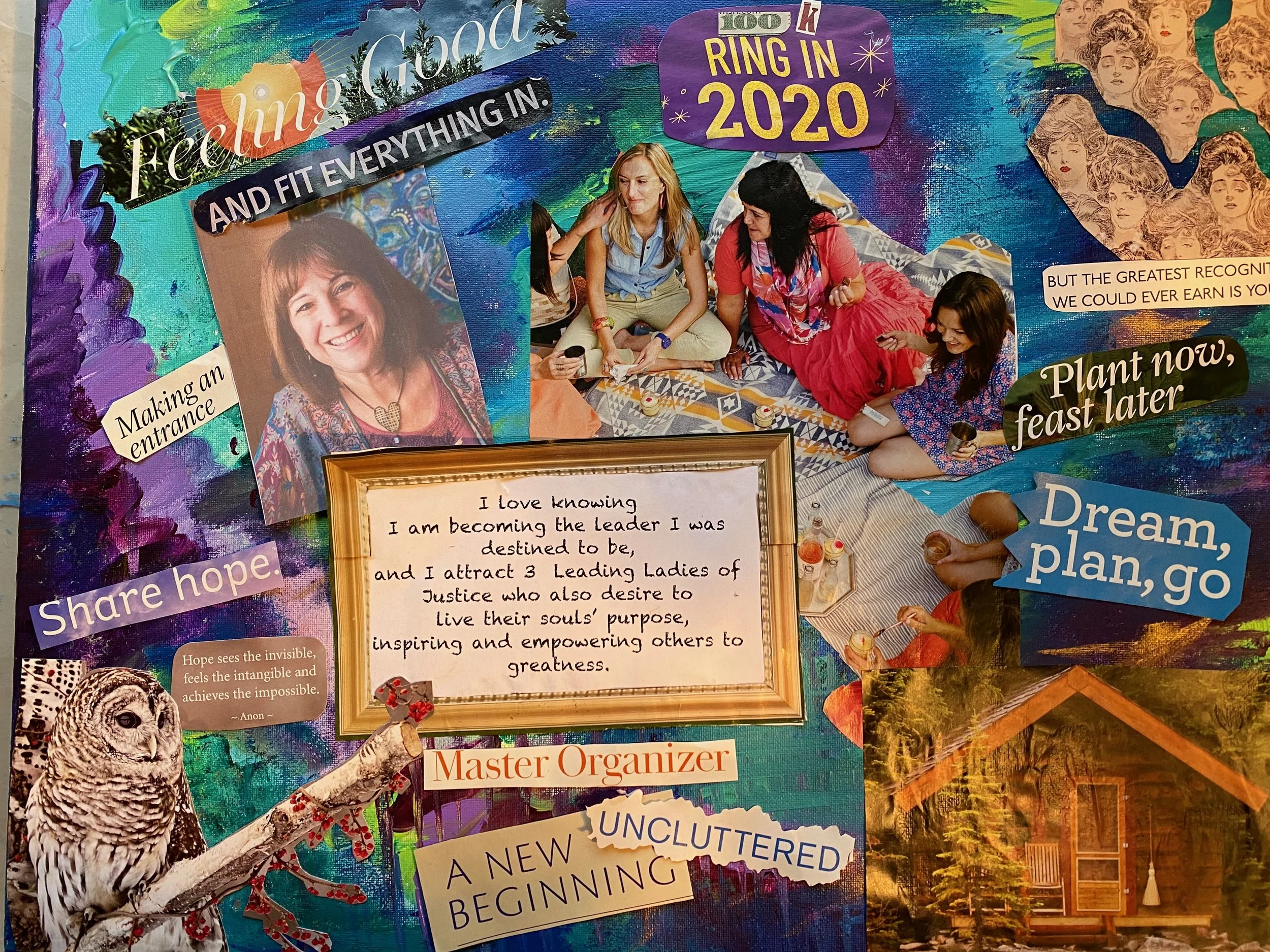 A colorful collage featuring motivational quotes, a group of women sitting and talking, and various decorative elements such as a barn and a snowy owl. The collage includes references to 2020 and themes of growth, hope, and empowering women.