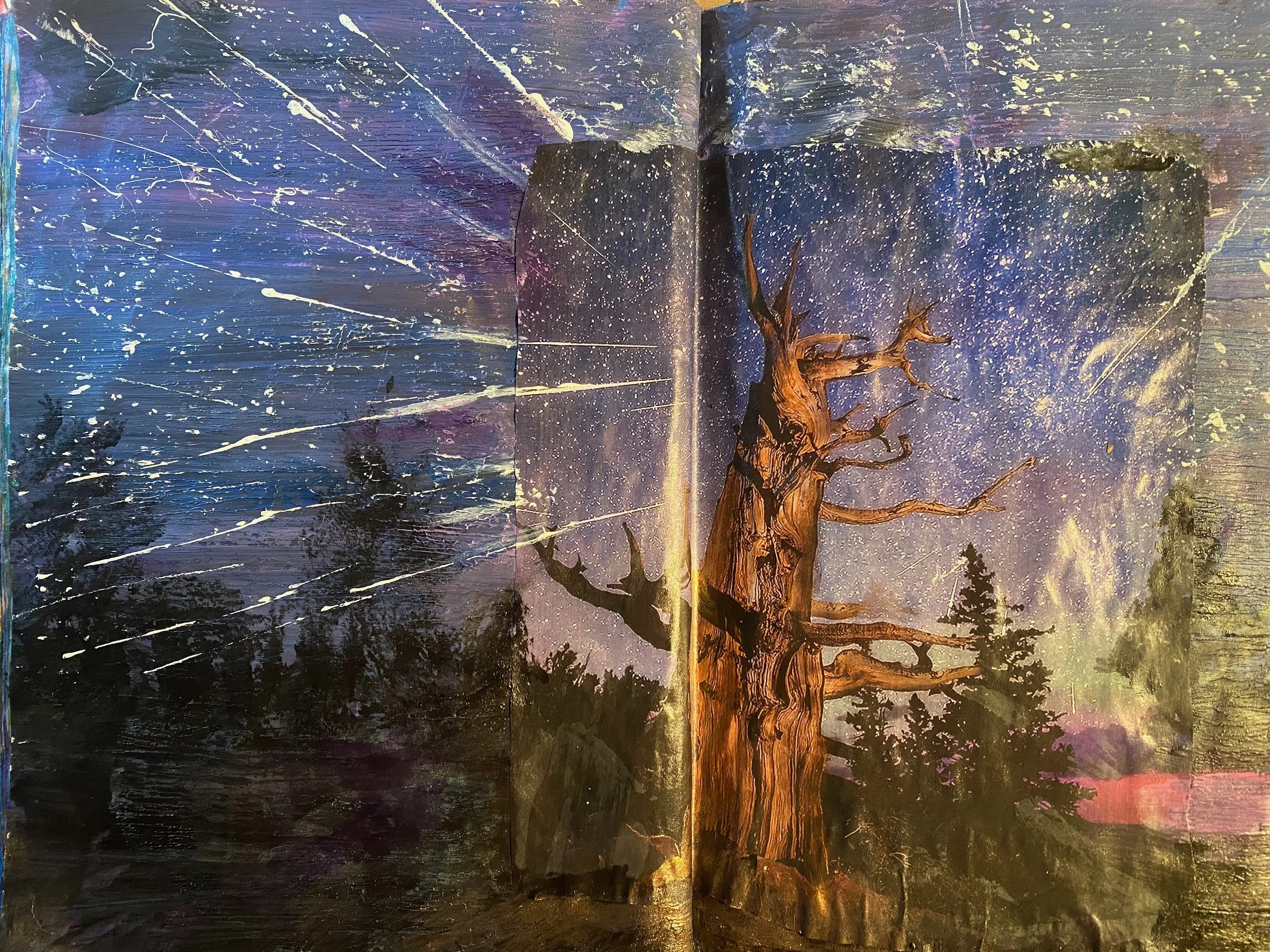 A painting of a desert landscape with a leafless, gnarled tree in the foreground. The sky is dark with pink and purple hues, and there are star-like specks and streaks of light.