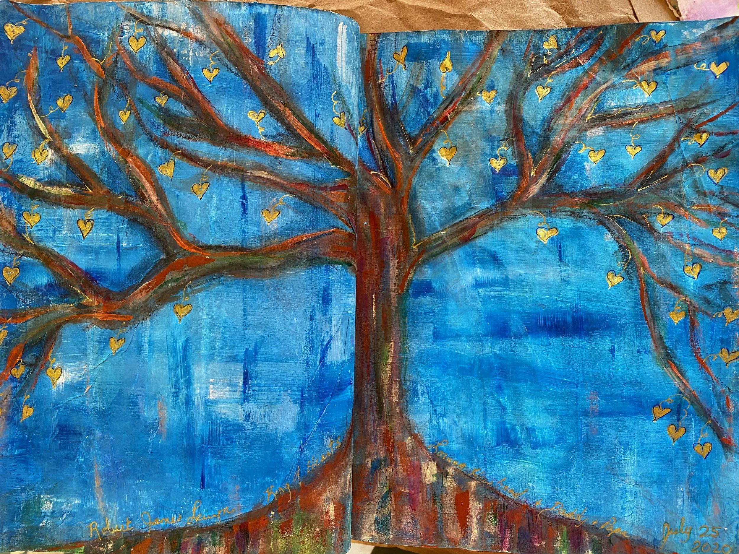 Painting of a large tree with brown and red branches and small yellow hearts hanging from the branches, set against a bright blue sky background.
