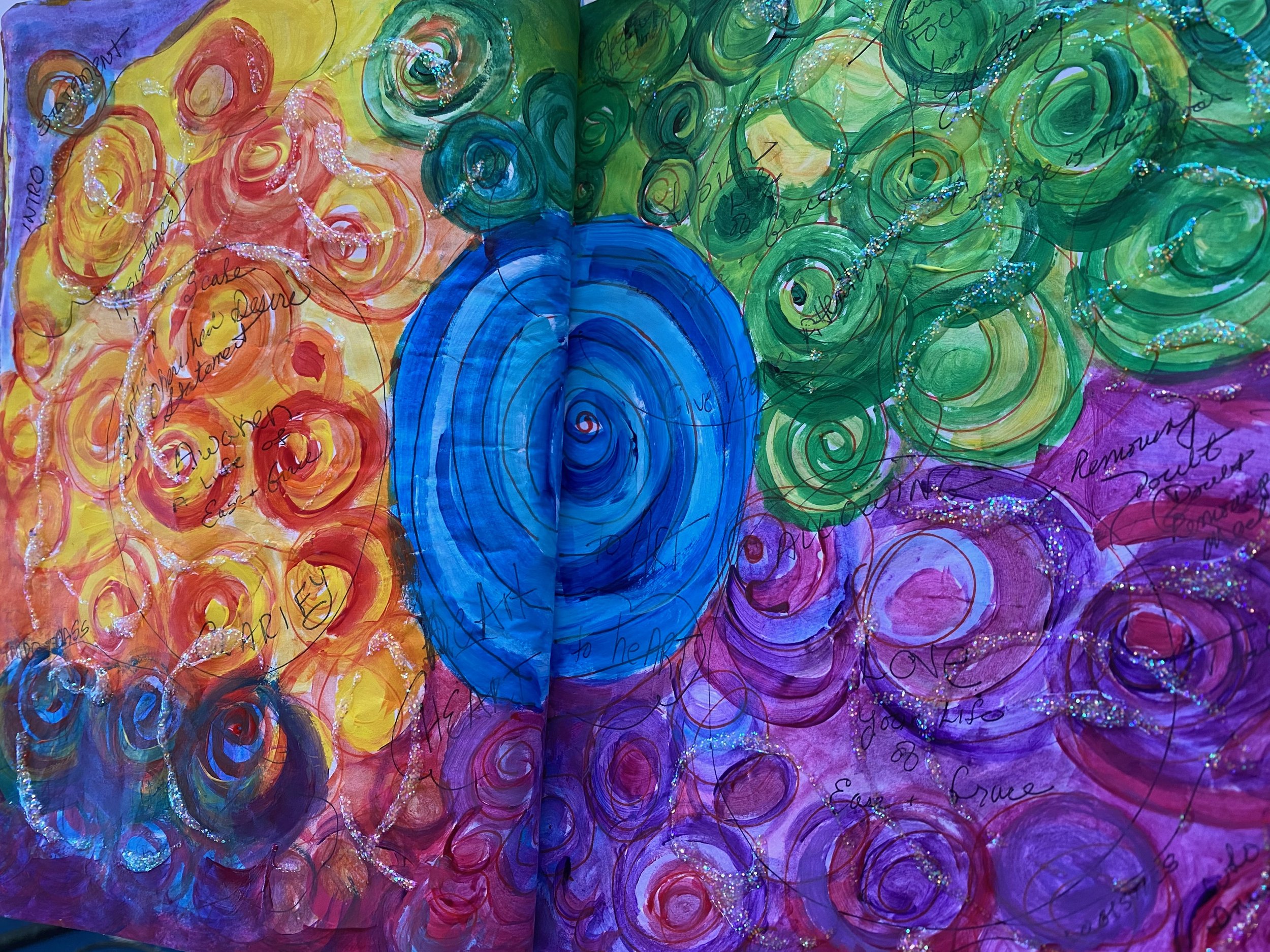 Colorful abstract painting with swirls of red, orange, green, blue, purple, and pink, with handwritten words and sparkling accents.