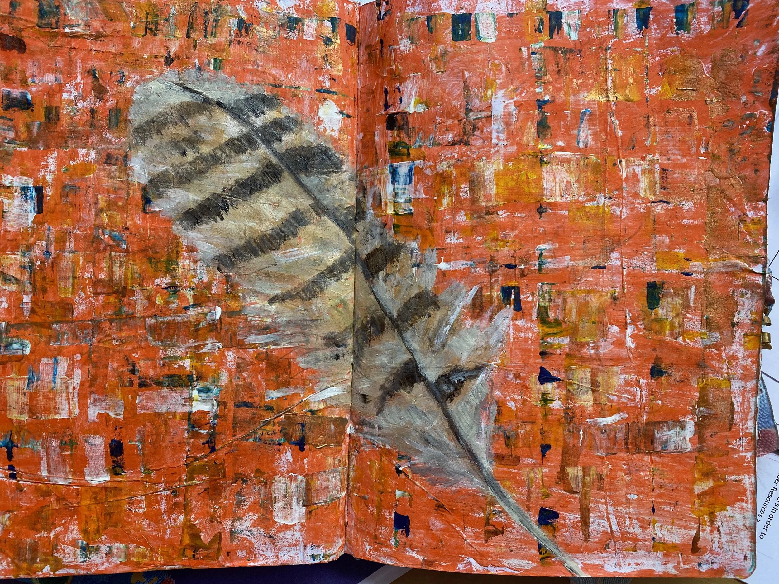Close-up of an abstract oil painting with orange, white, black, and hints of yellow and blue colors, featuring textured brushstrokes and geometric shapes.