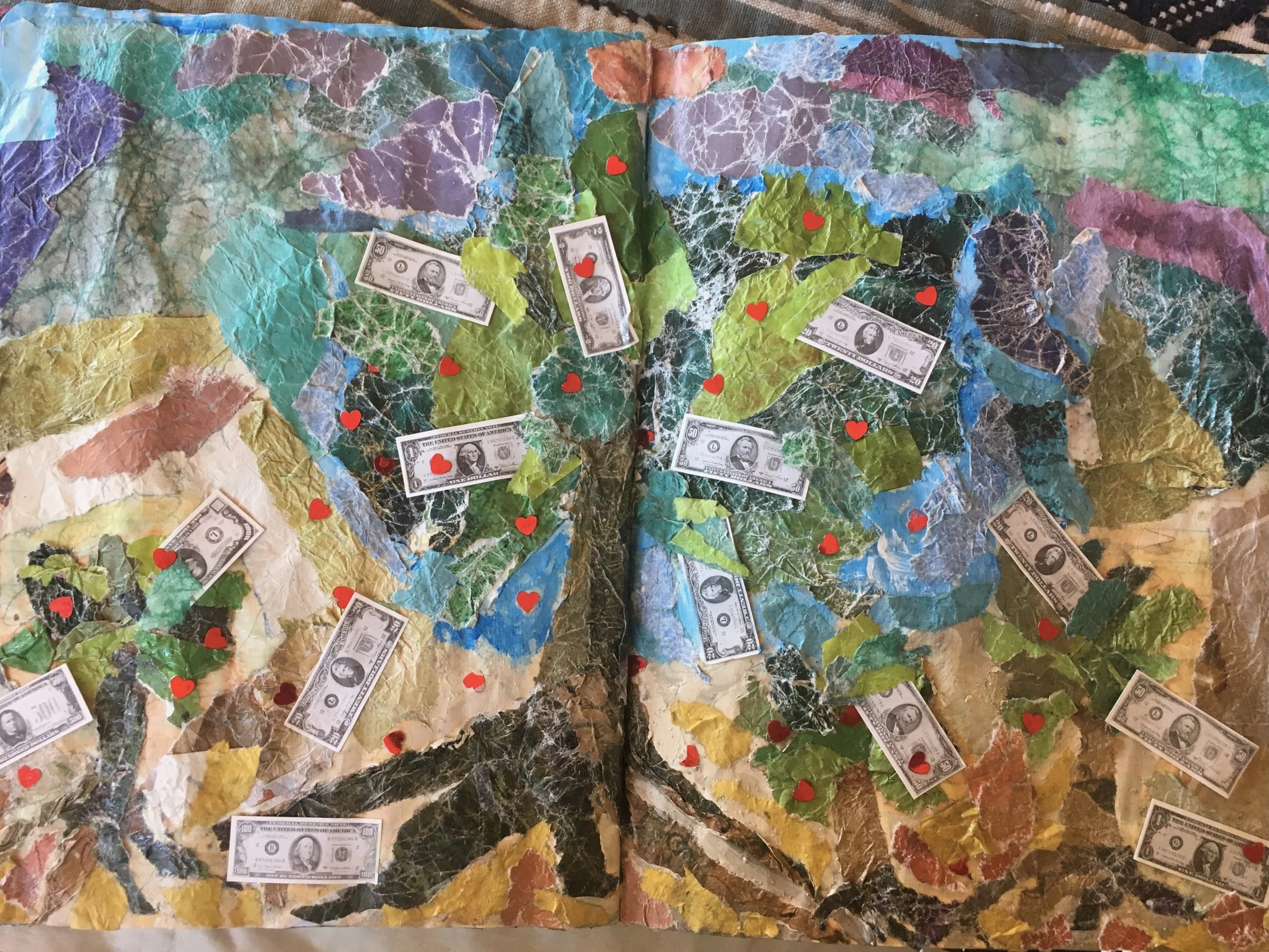 Colorful collage made of torn pieces of paper in various shades of green, blue, purple, yellow, and brown, decorated with small red hearts and real dollar bill images scattered throughout.