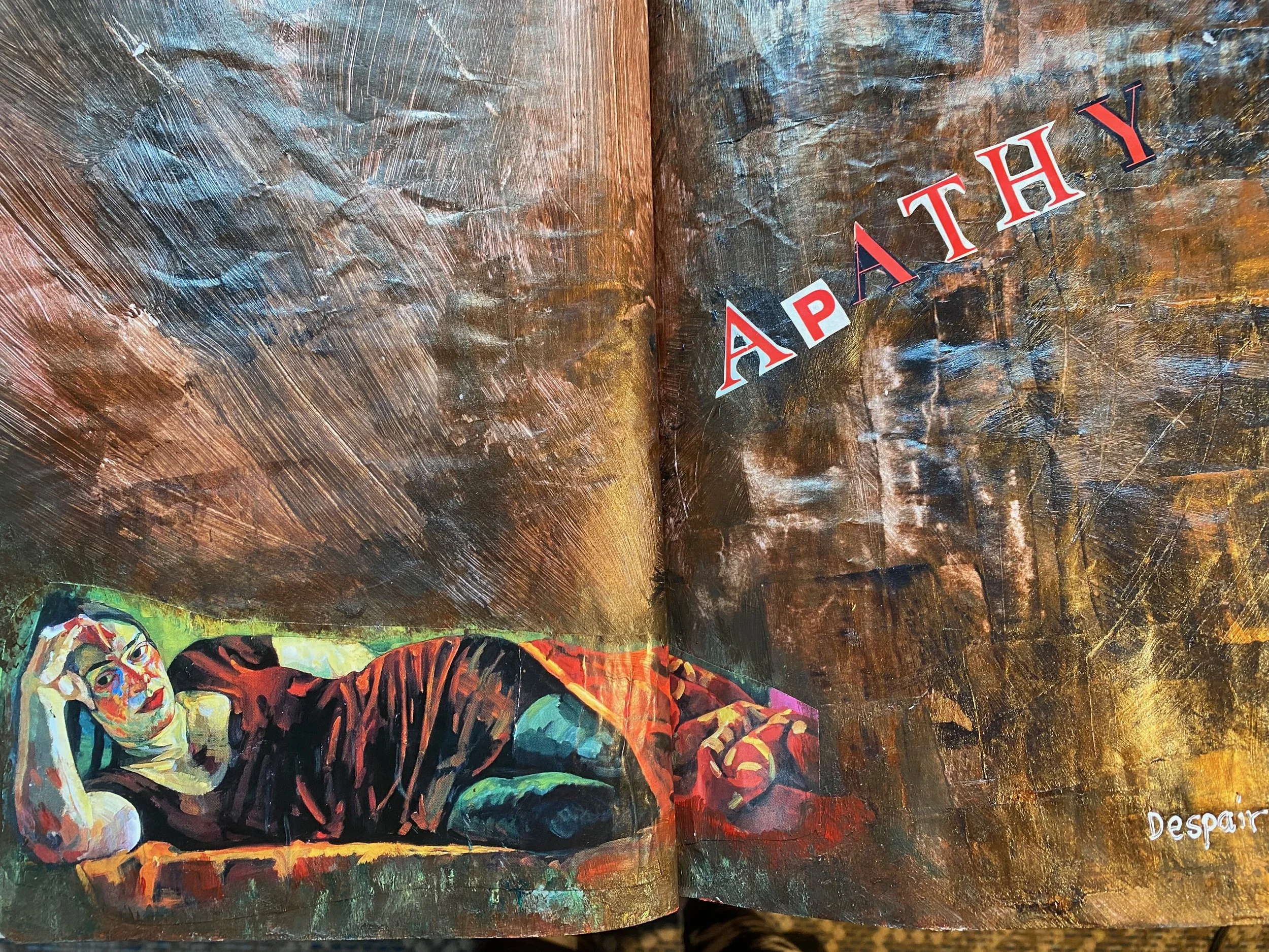 A mural featuring a colorful, expressive portrait of a woman with a distressed expression, against a dark, textured background with the word 'Despair' written in the lower right corner.