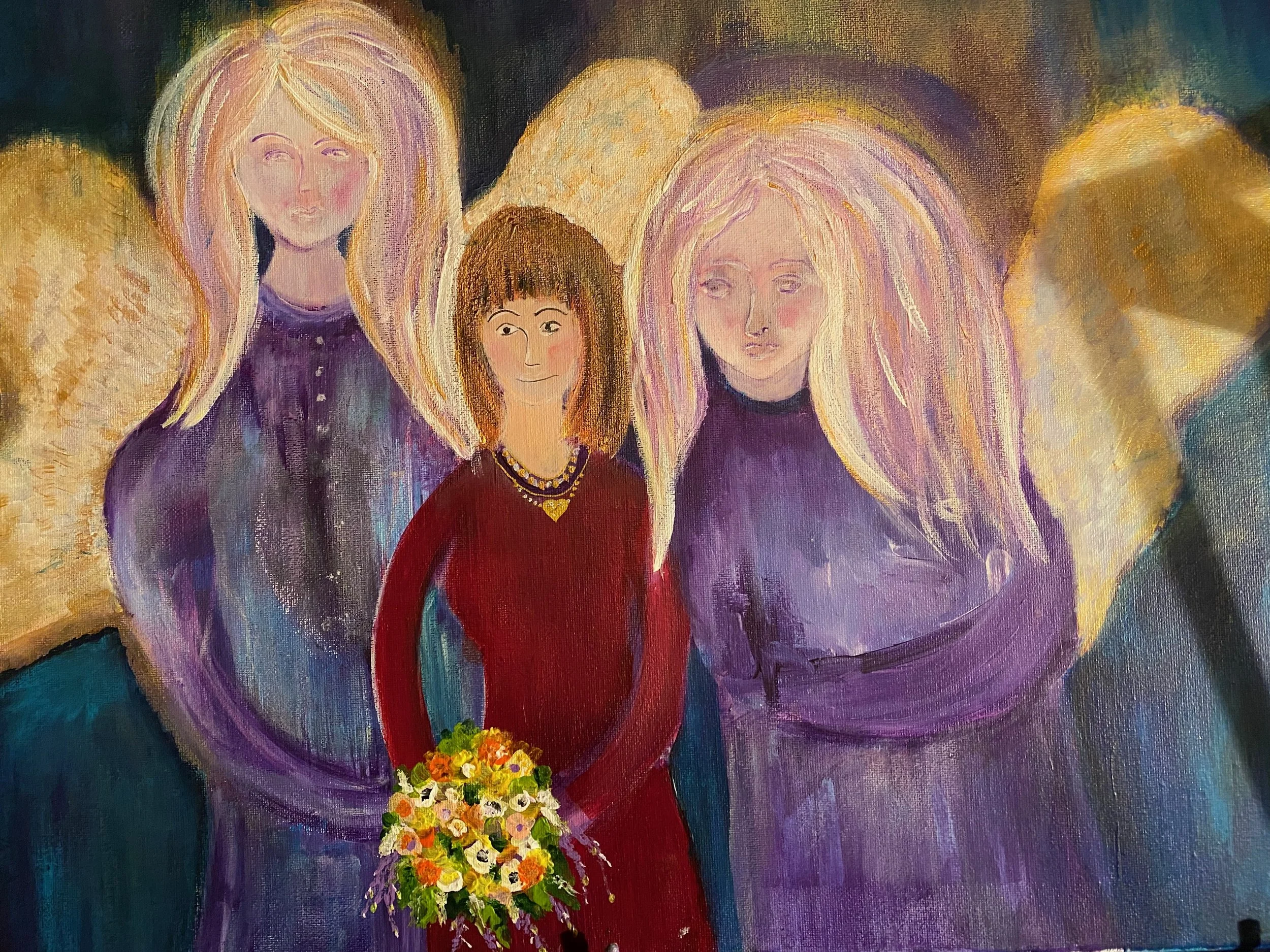 Painting of three women with blonde hair, one woman with dark hair, and a woman with long purple hair, all wearing dark clothing, with the woman in the middle holding a bouquet of yellow, orange, and purple flowers, with a dark multicolored backgroun