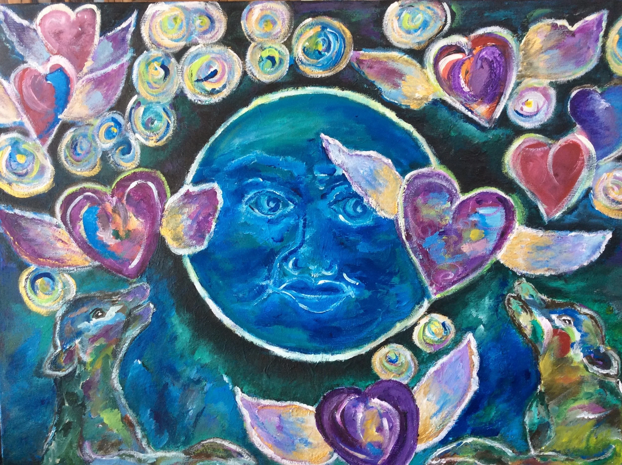 An abstract painting with a blue unicorn at the center, surrounded by colorful hearts and swirling circles on a dark background.